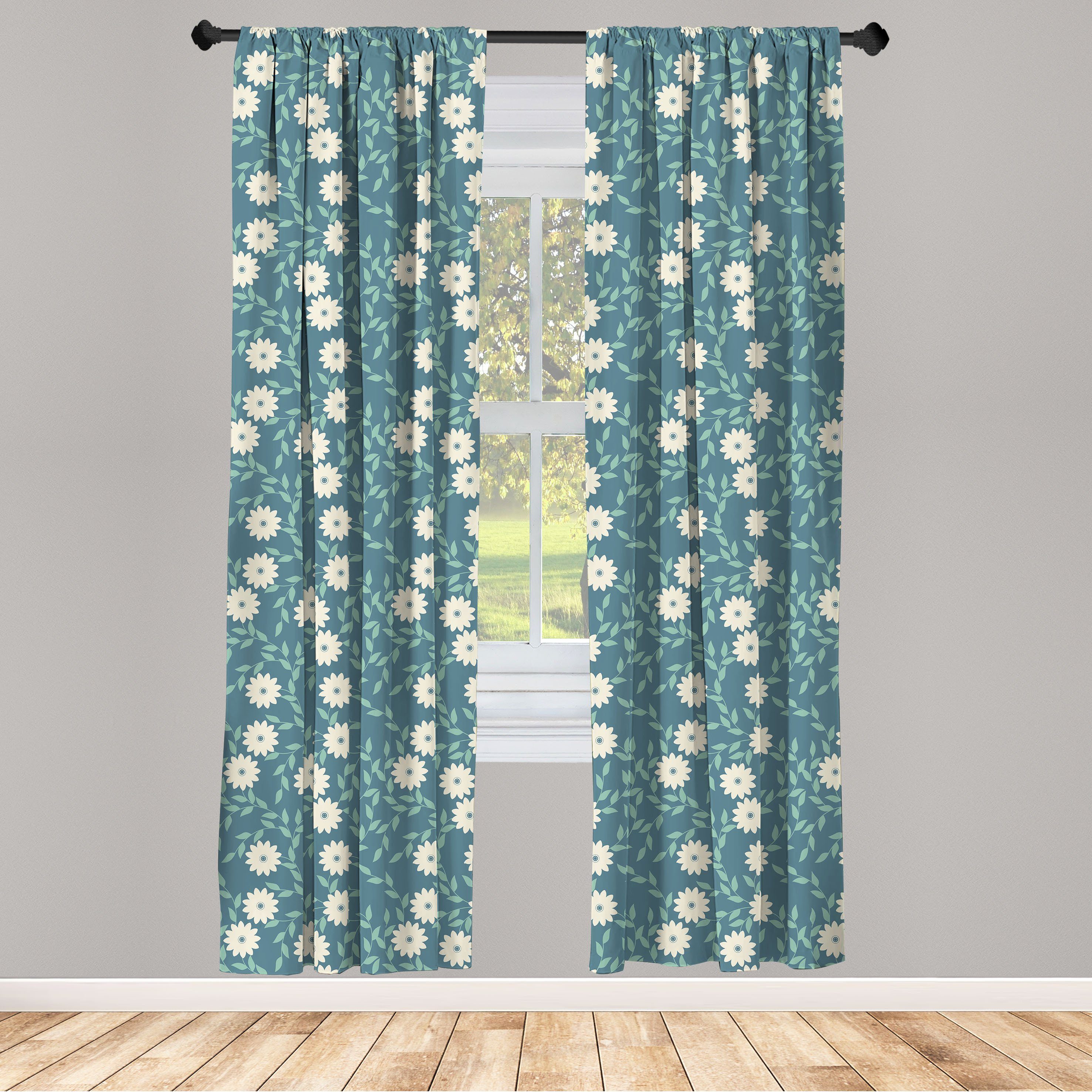 Gardine Vorhang für Elfenbein Wohnzimmer Blumen Blau und Microfaser, feminine Dekor, Schlafzimmer Abakuhaus