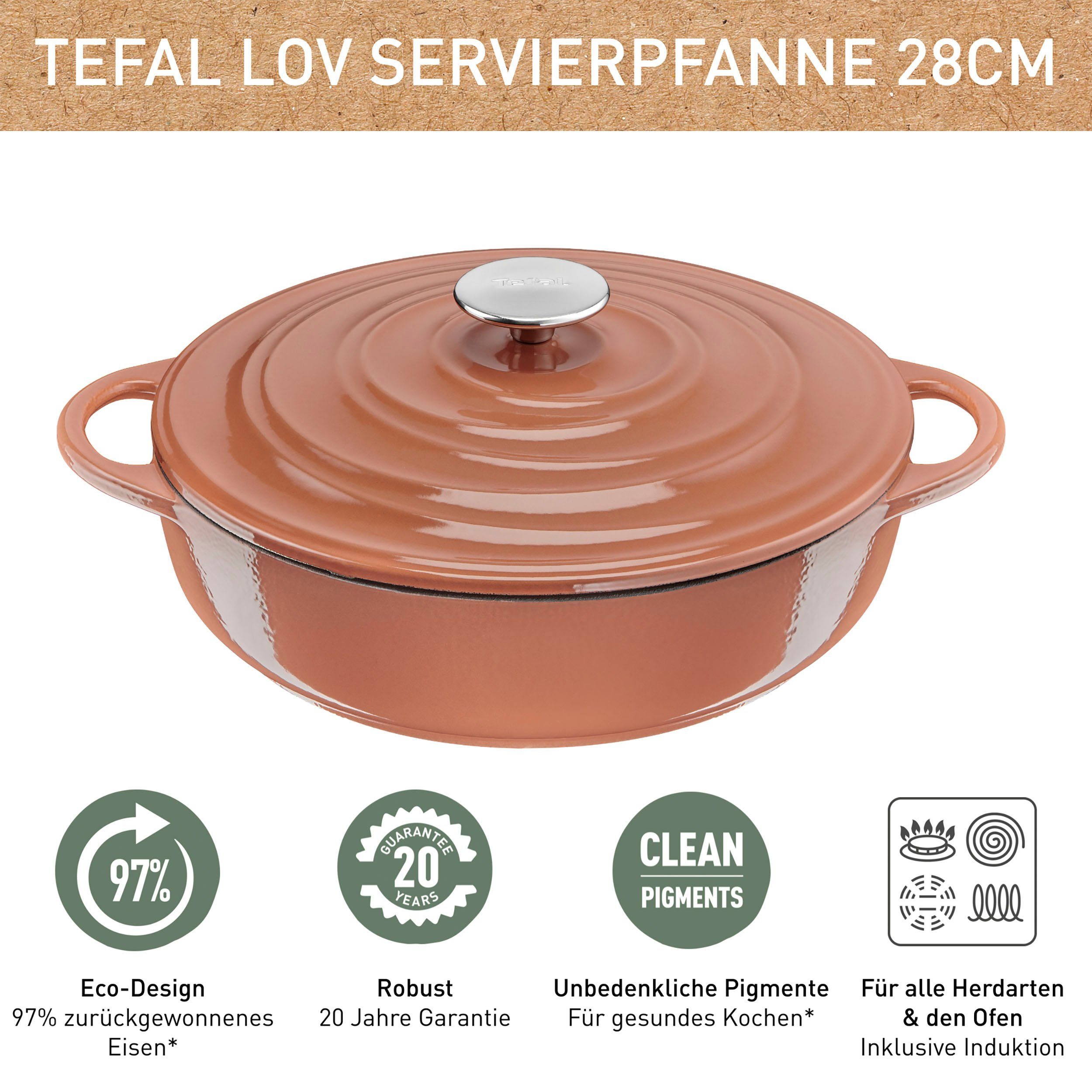 Induktion E-Book, terrakotta umweltfreundlich, Ø Tefal Servierpfanne Gusseisen 28cm, (1-tlg), inkl. LOV,