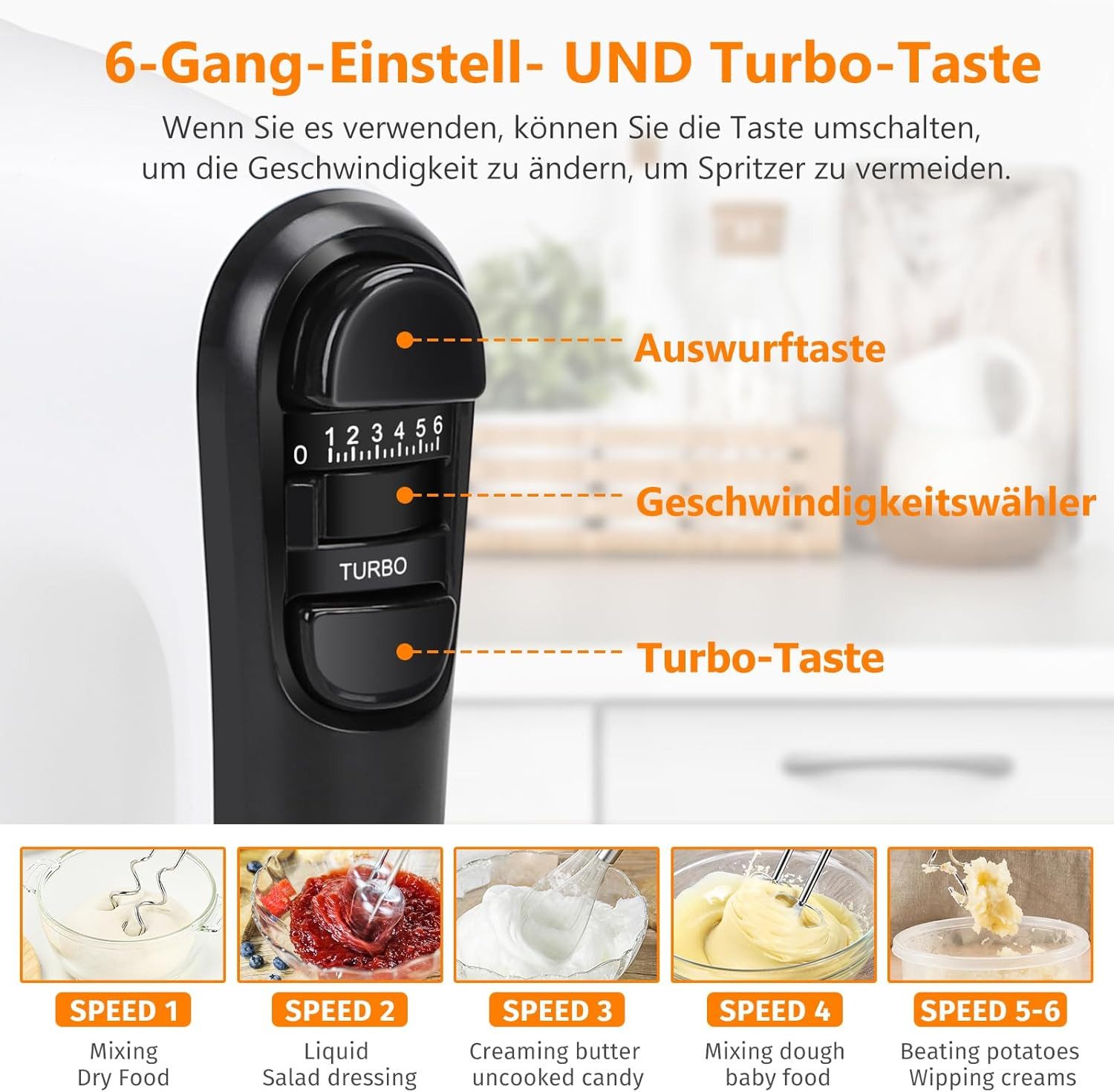 Aigostar Handmixer Handrührer mit Aufbewahrungskoffer, 6-Gang-Turbolader, 304 Edelstahl, 400,00 W, Einstellbare Drehzahl, Schnelle Wärmeableitung, Überhitzungss – Bild 3 von 5