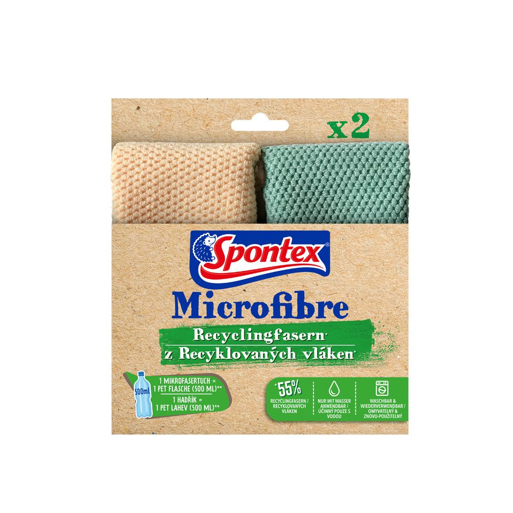 SPONTEX 19700158, Microfibre Recyclingfasern x2 Mikrofasertuch (Hergestellt aus recycelten PET-Flaschen)