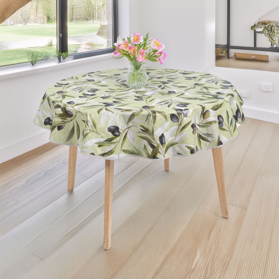 laro Tischdecke 140cm rund Wachstuchtischdecke mit Saum Mediterran Olive Grün – Bild 4 von 5