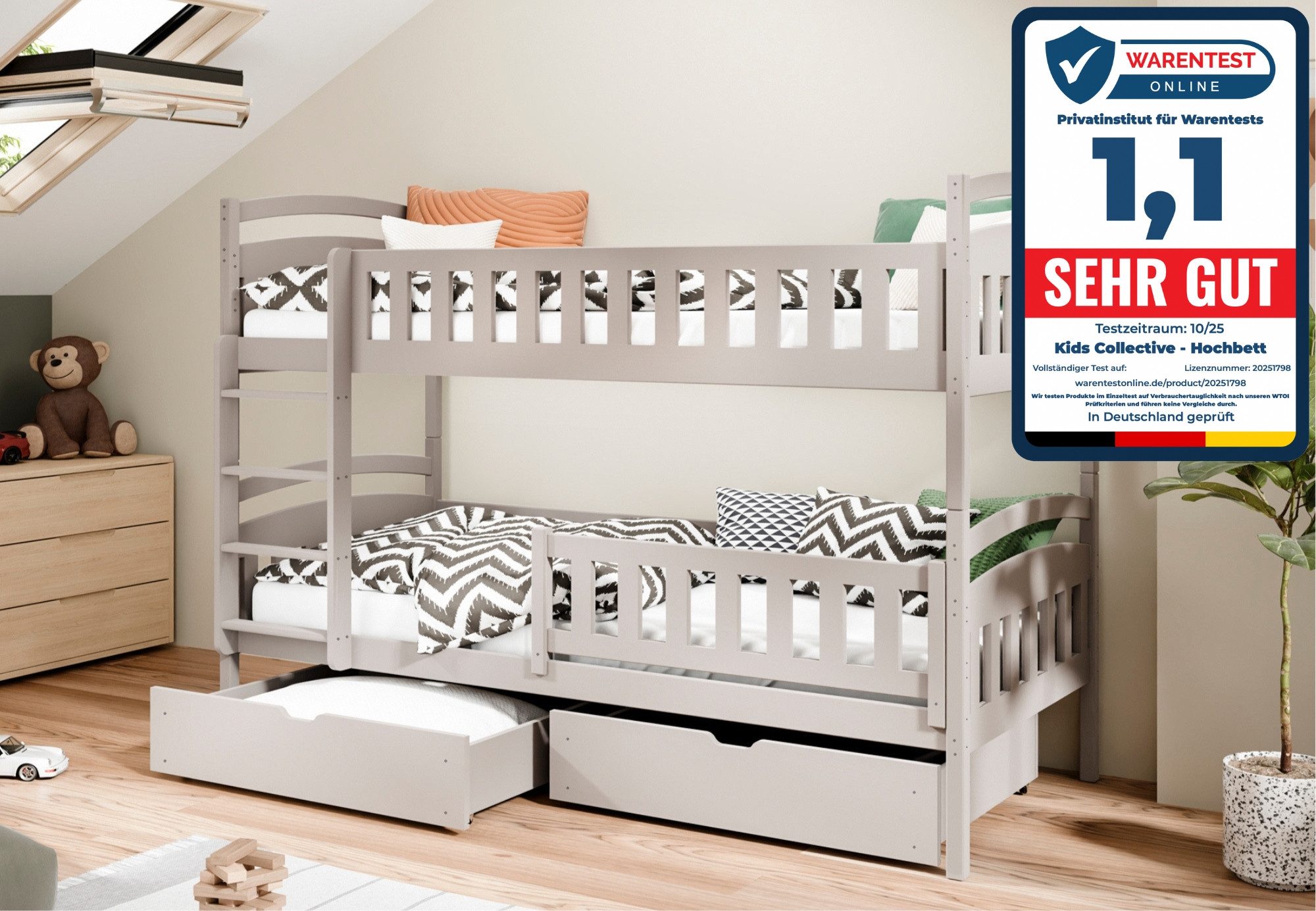 Kids Collective Etagenbett Hochbett Kinderbett 80x180 90x200 umbaubar in zwei Einzelbetten, 90x200 cm mit zwei Schubladen Lattenrost Rausfallschutz Kaschmir