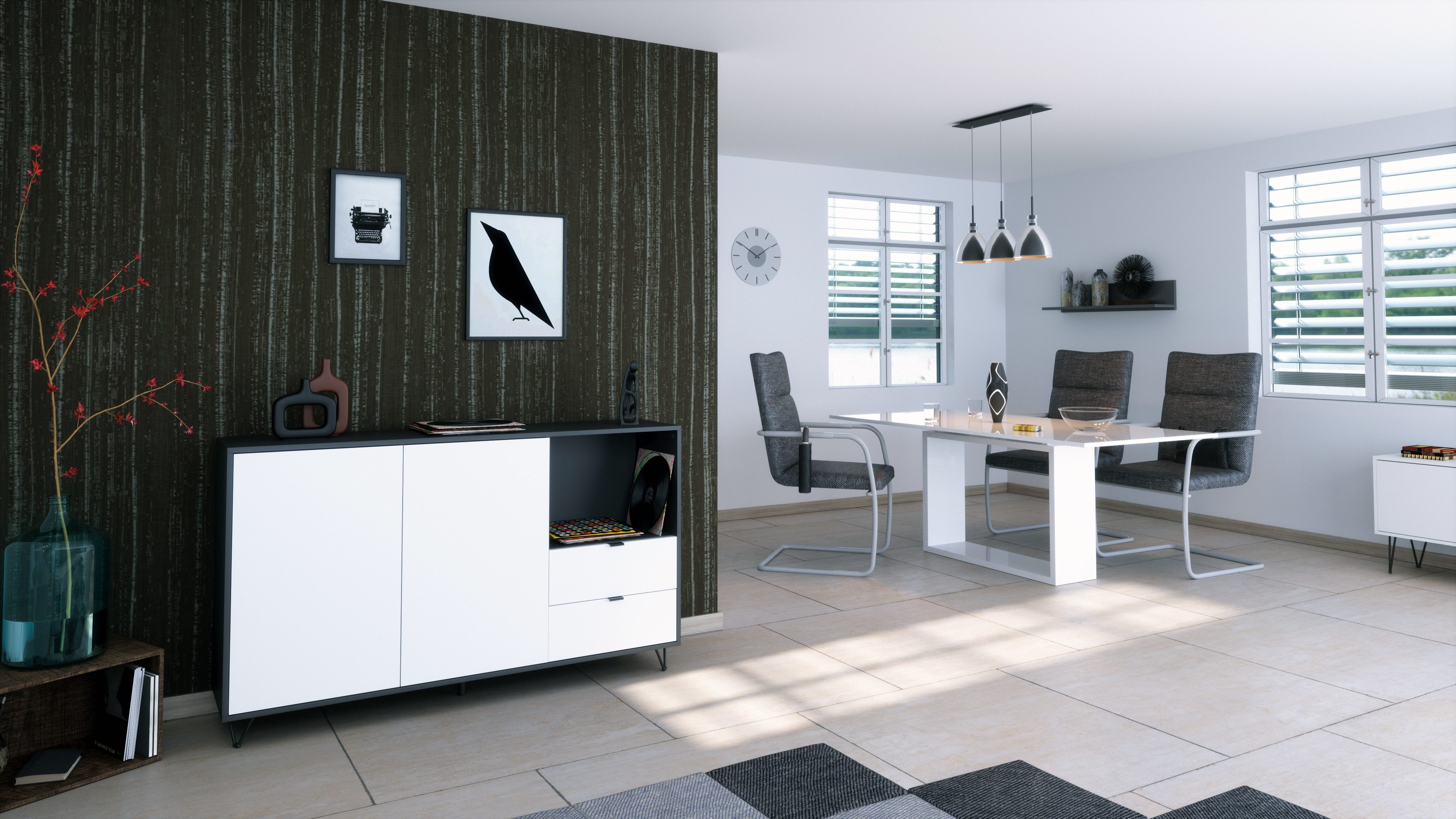 Vladon Sideboard Marino (Kommode mit 2 Türen Weiß matt, 2 Schubladen Weiß matt, Made in Germany), Korpus Anthrazit matt (152,5 x 90,5 x 37 cm)