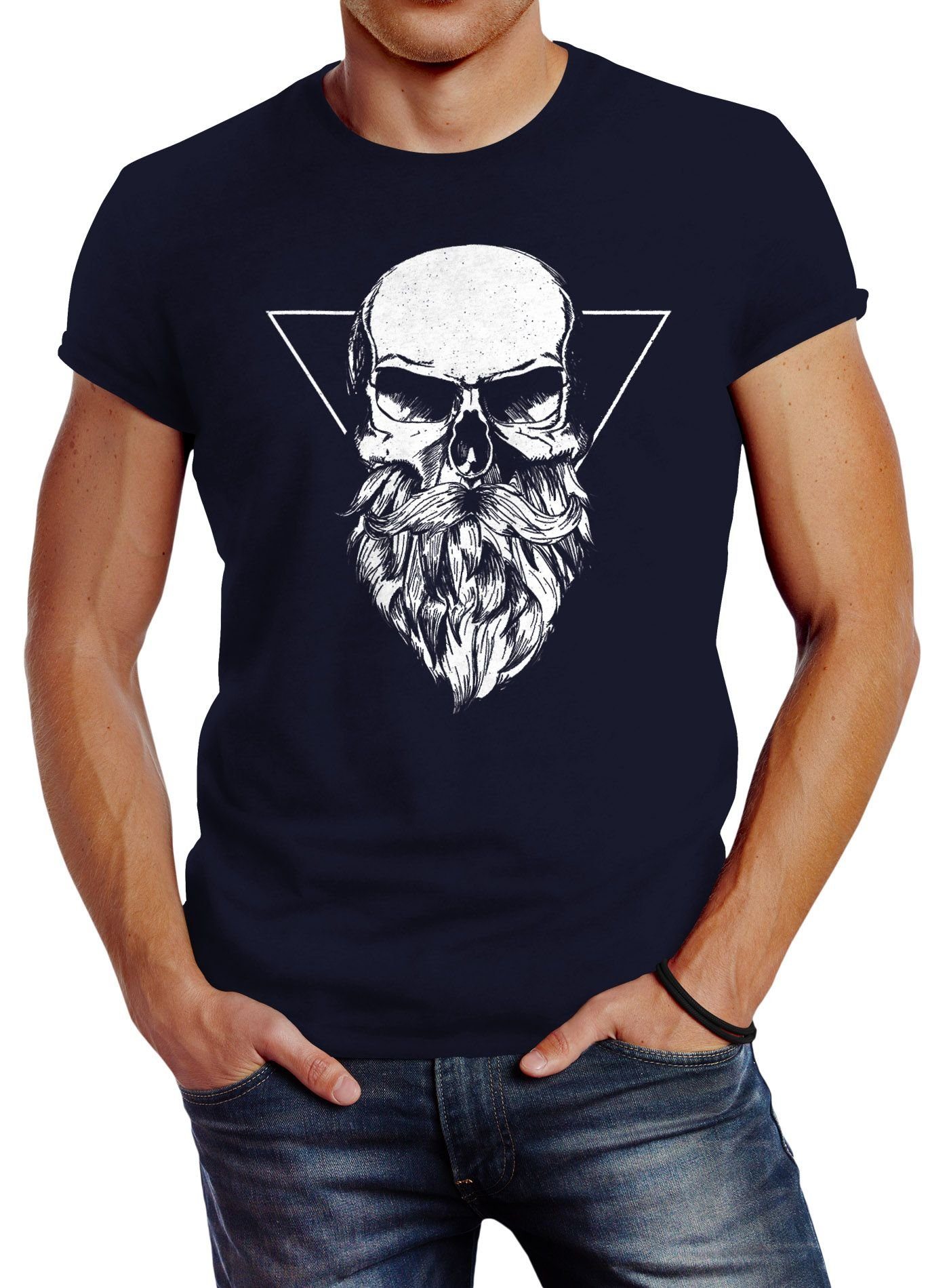 Neverless Print-Shirt Herren T-Shirt Totenkopf mit Bart Triangle Slim Fit Neverless® mit Print navy