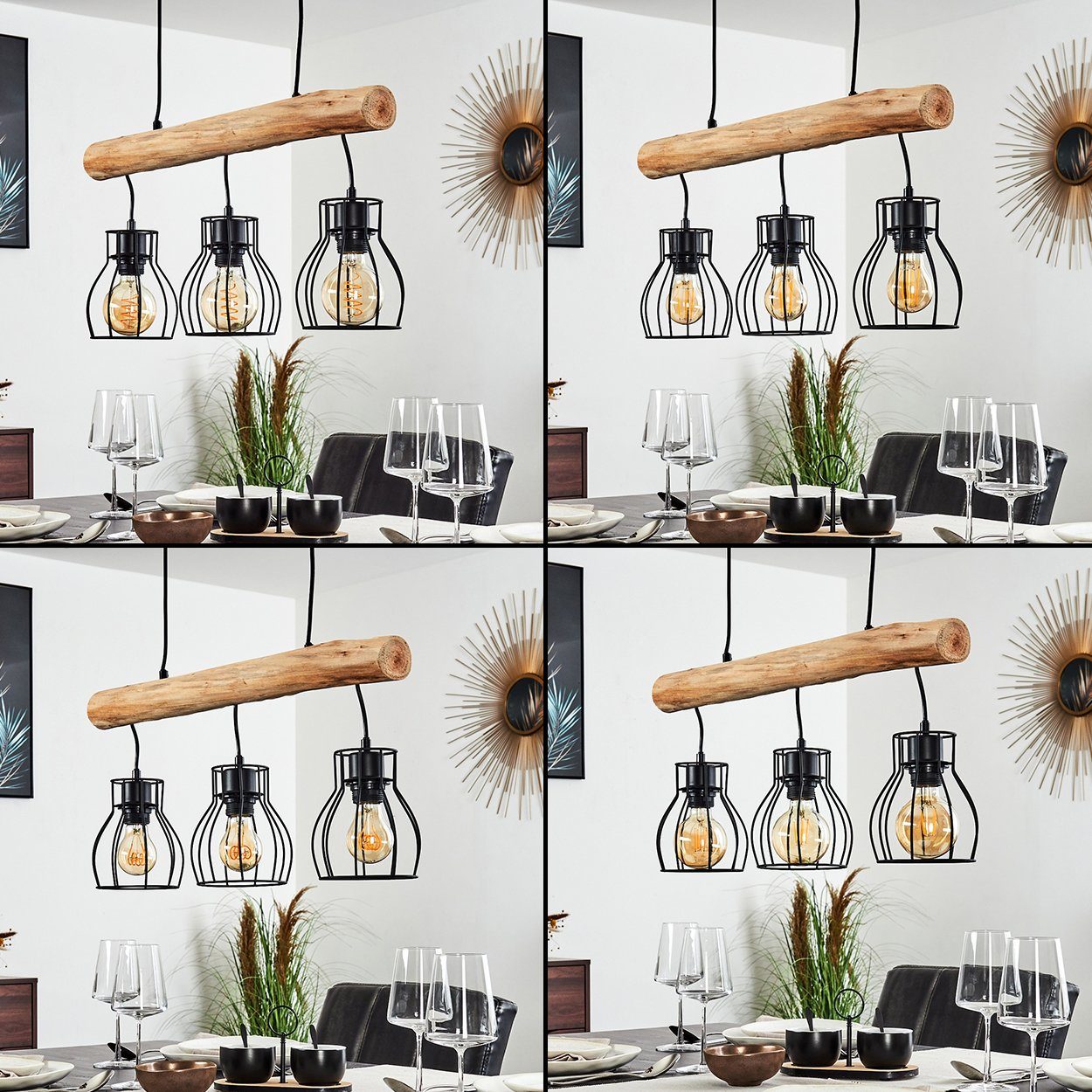 hofstein Pendelleuchte »Aprica« moderne Hängelampe aus Metall/Holz in Schwarz/Braun, ohne Leuchtmittel, 3xE27
