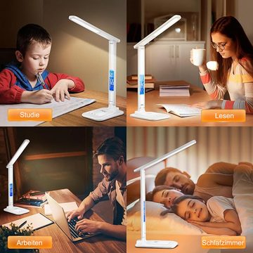 REDOM LED Schreibtischlampe Nachttischlampe Tischlampe Tisch Lampe Leuchte Schlafzimmer USB-Ladung, Ladestation für Handy, LED fest integriert, 3 Farbtemperaturen, verstellbar 5 Helligkeitsstufen Kalender Wecker wireless Ladestation