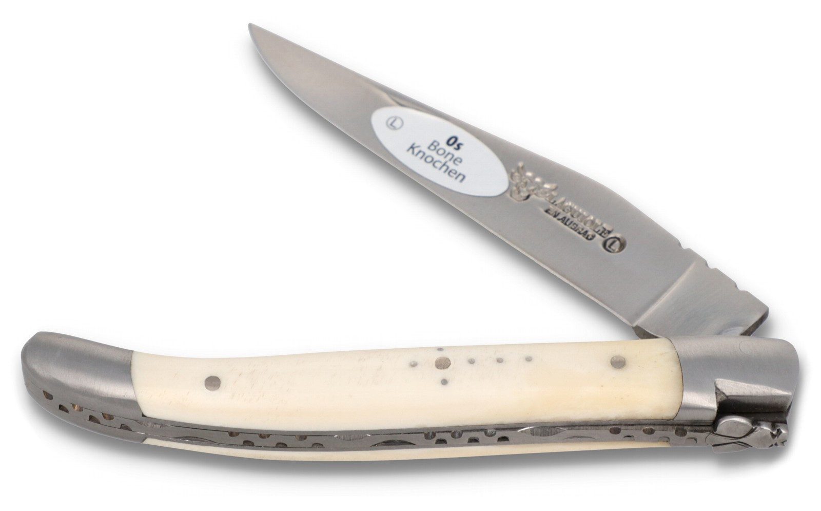 Laguiole en Aubrac Taschenmesser L0211OSIF, Griff 11cm Knochen - Feder verziert - Klinge Backen Stahl satiniert