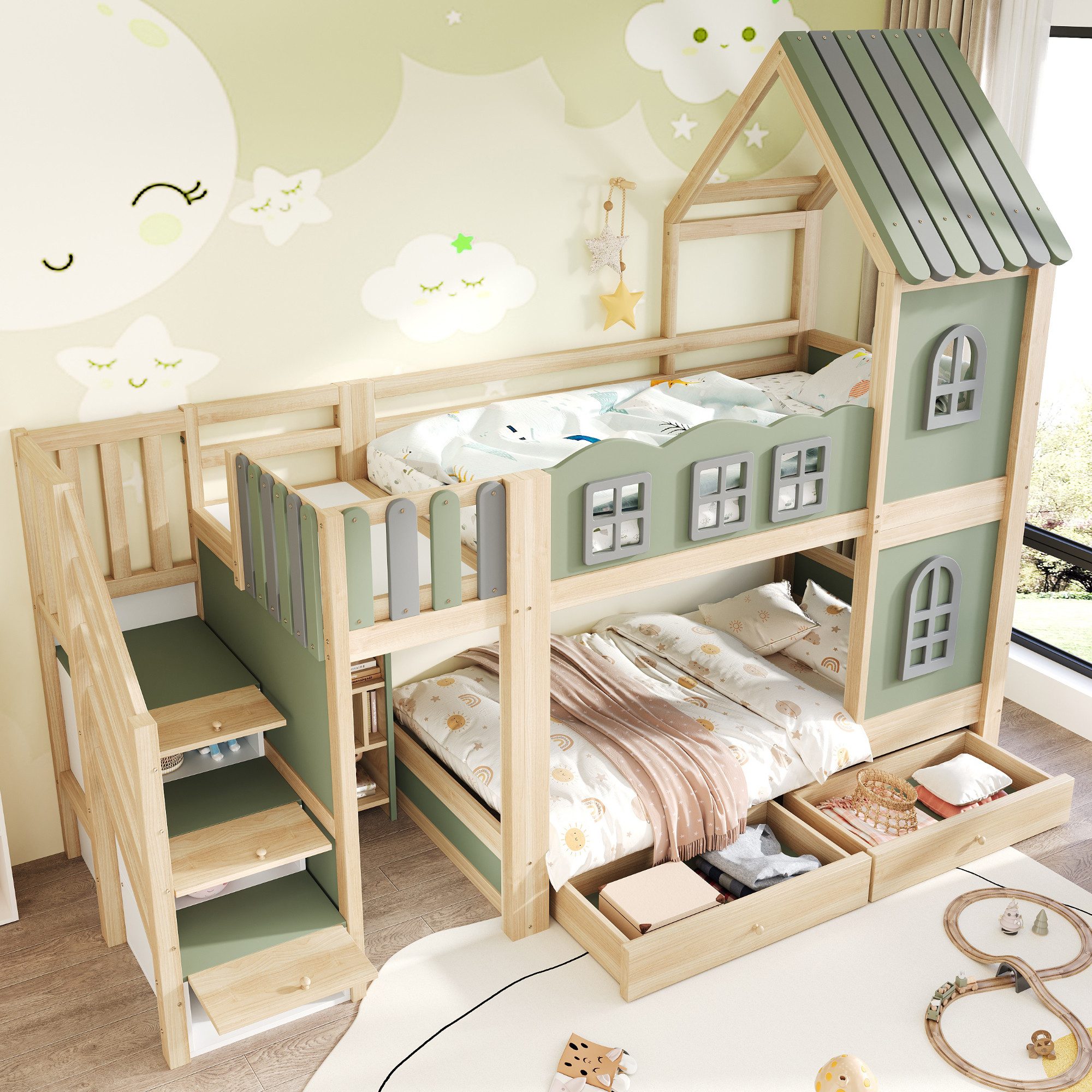 Flieks Etagenbett, Kinderbett 90x200cm Hausform mit Stauraumtreppe Schubladen Regalen