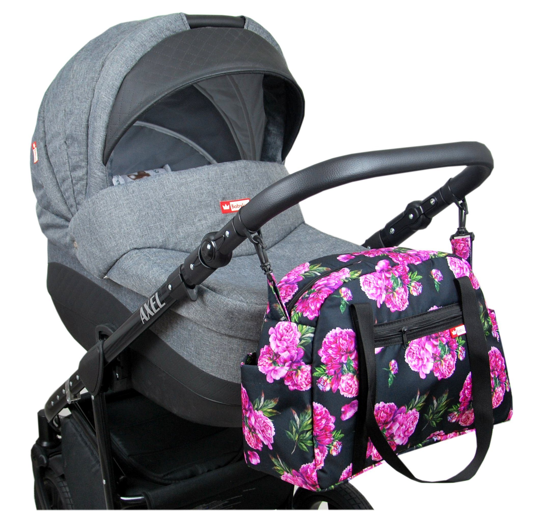 BabyLux Wickeltasche BabyLux Wickeltasche COLORFUL Kinderwagen Buggy Große Handtasche, 77. Schwarz + Päonien