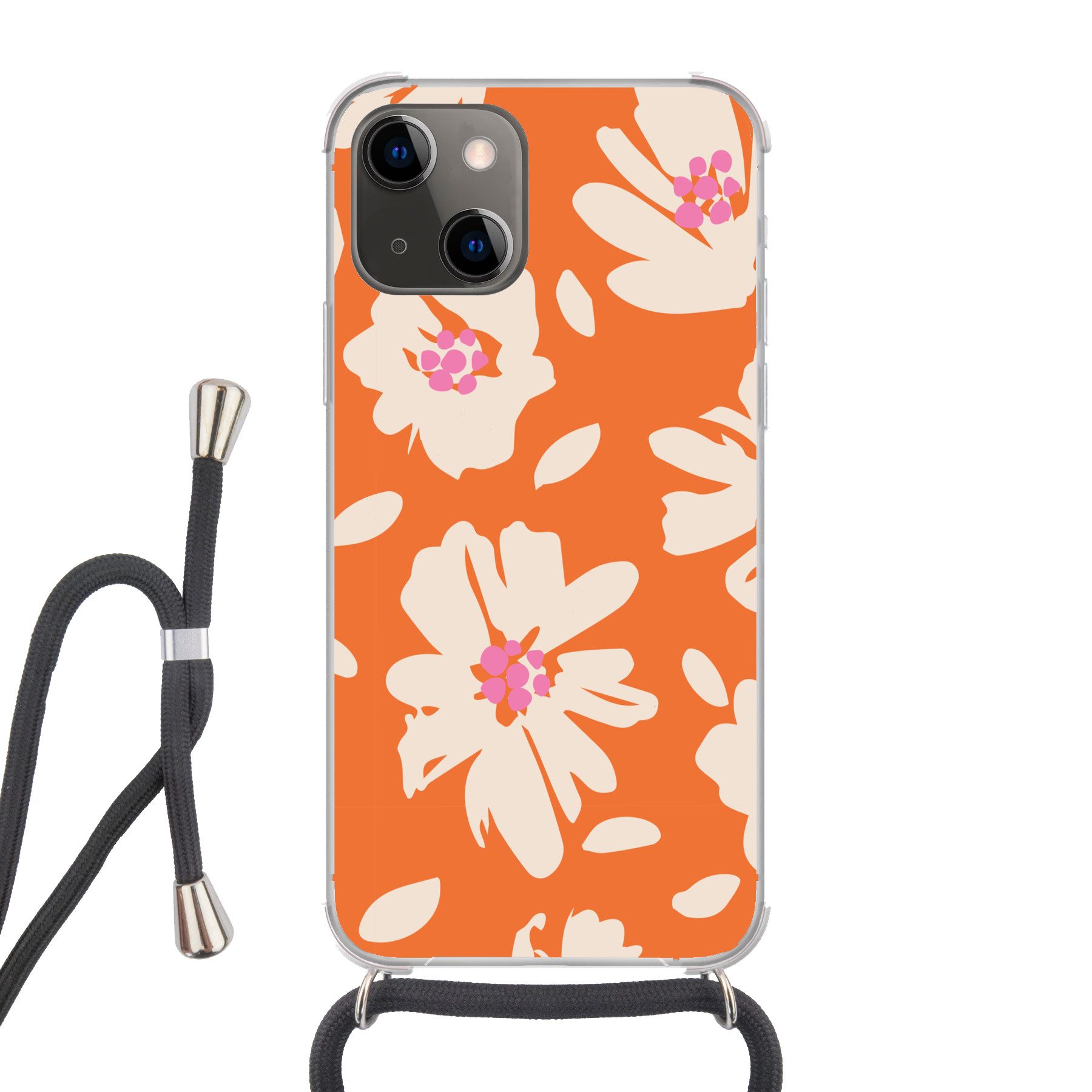 MuchoWow Handyhülle für Apple iPhone 13 Blumen - Orange - Beige - Rosa - Abstrakt, Tragbare Handyhüllen mit Kette zum umhängen, Handykette Handyband