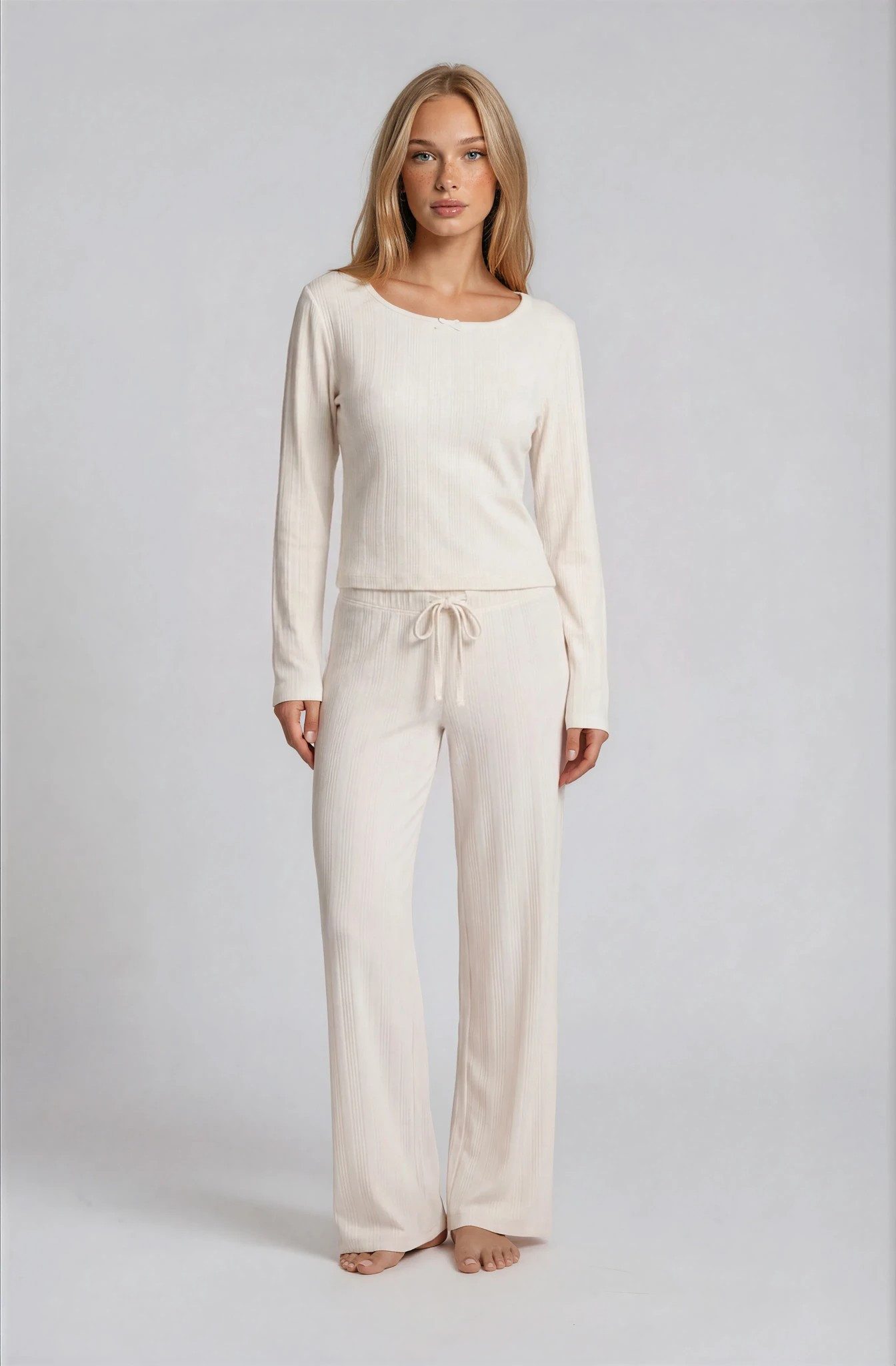 Mademoiselle Sommeil Pyjama Damen Schlafanzug aus Weißem Pointelle-Strick 100% Baumwolle, Langarm, Seitentaschen, gefertigt in Polen