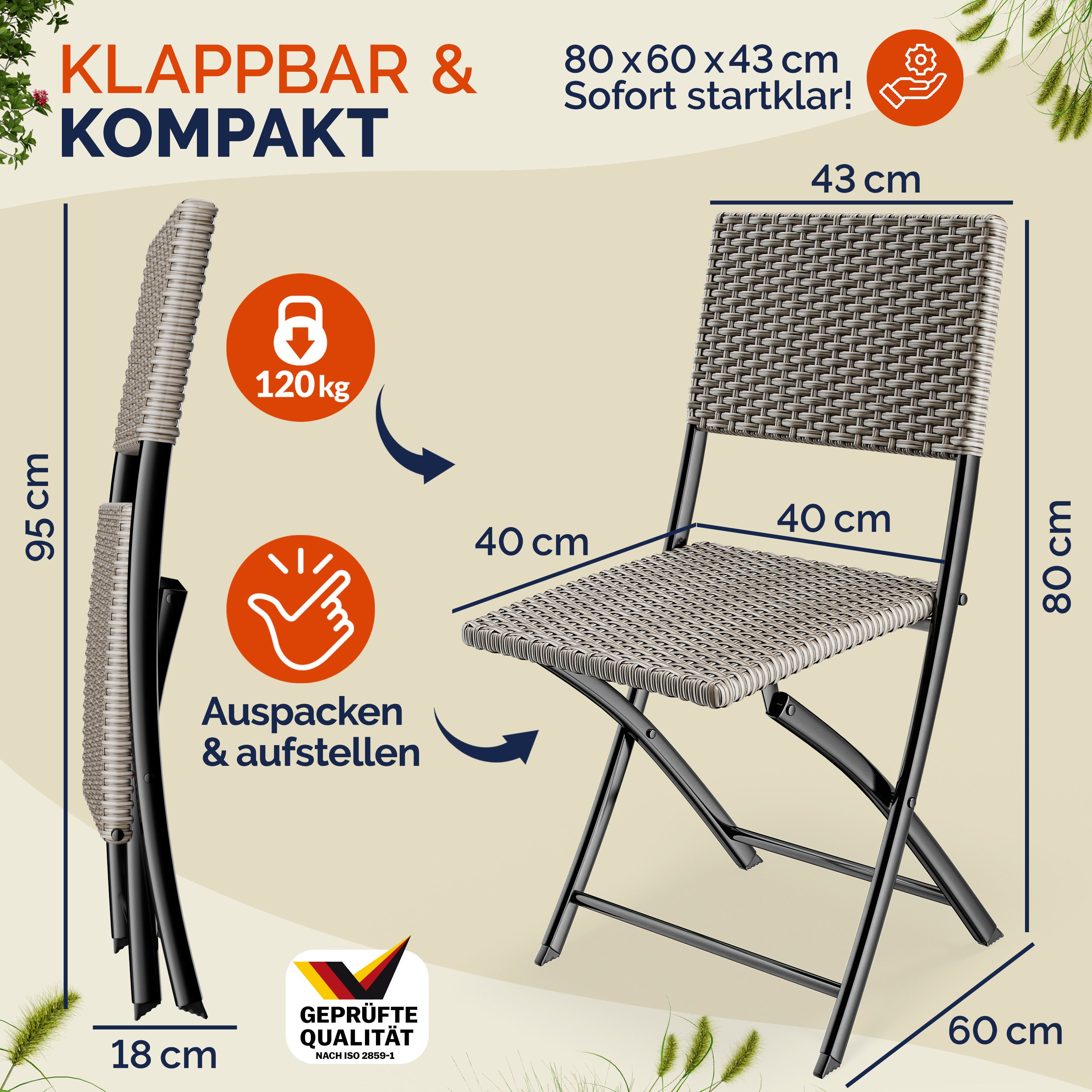 Casaria Klappstuhl, Polyrattan 2er Set 120kg Belastbarkeit Platzsparend Klappbar Leicht