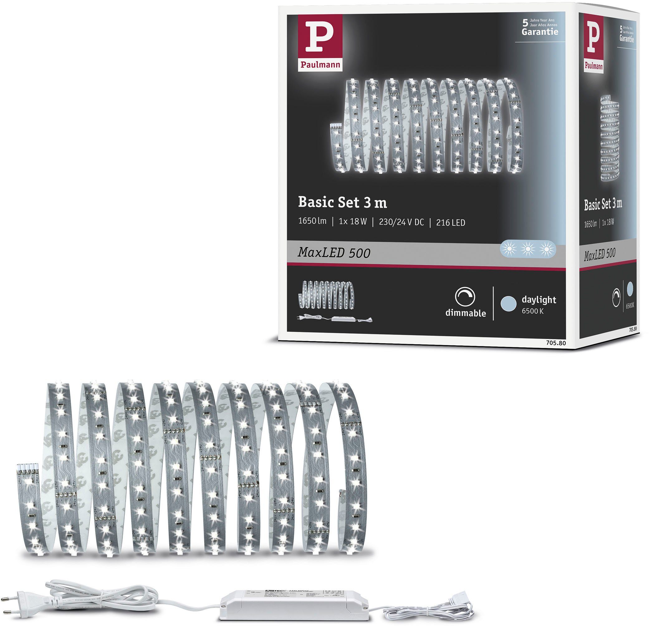 6500K MaxLED LED-Streifen Basisset 18W 1650lm Paulmann 500 3m 1-flammig unbeschichtet, Tageslichtweiß