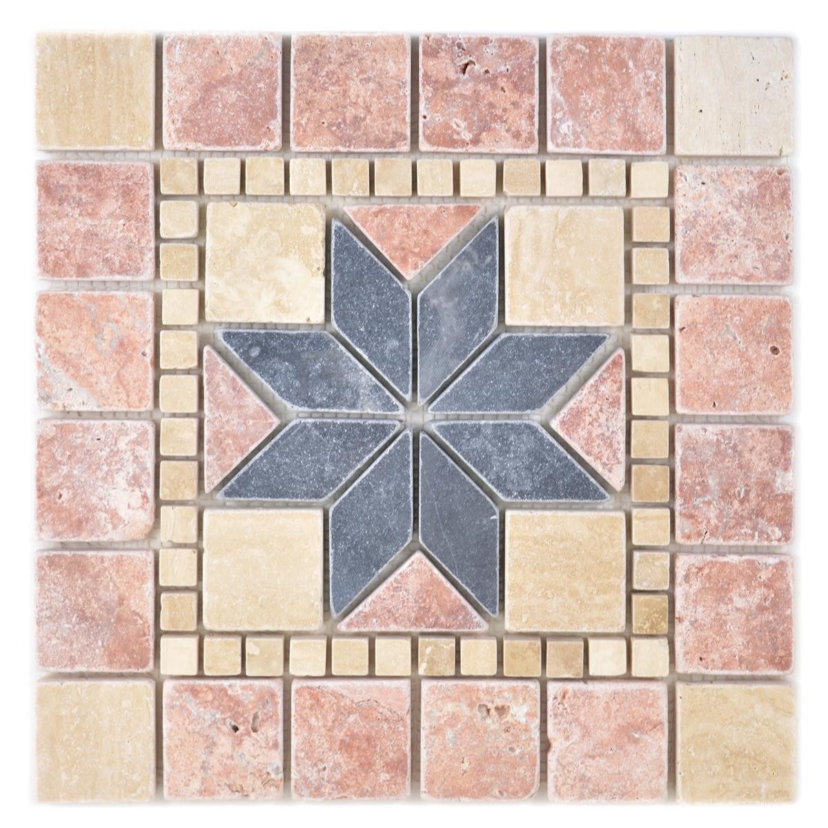 Mosafil Mosaikfliesen Naturstein Rosone Tarbora Beige Rot Schwarz 30x30cm, Naturstein 30.000x30.000, schwarz-rot-beige, Verlegefertig auf ein Netz geklebt - Frostsicher - Wasserfest -