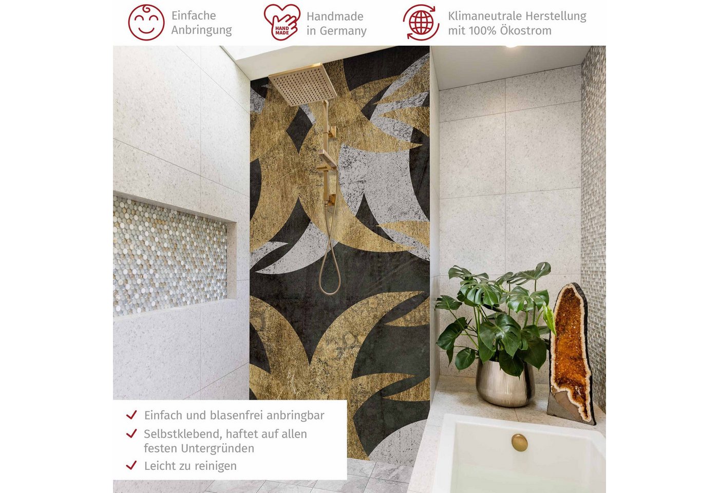 Thumbnail - Bilderdepot24 Badrückwand Aquarell gold Duschrückwand ohne Bohren Dusche Muster, (Hart-Folie Smart matt 0,35 mm), fugenl...