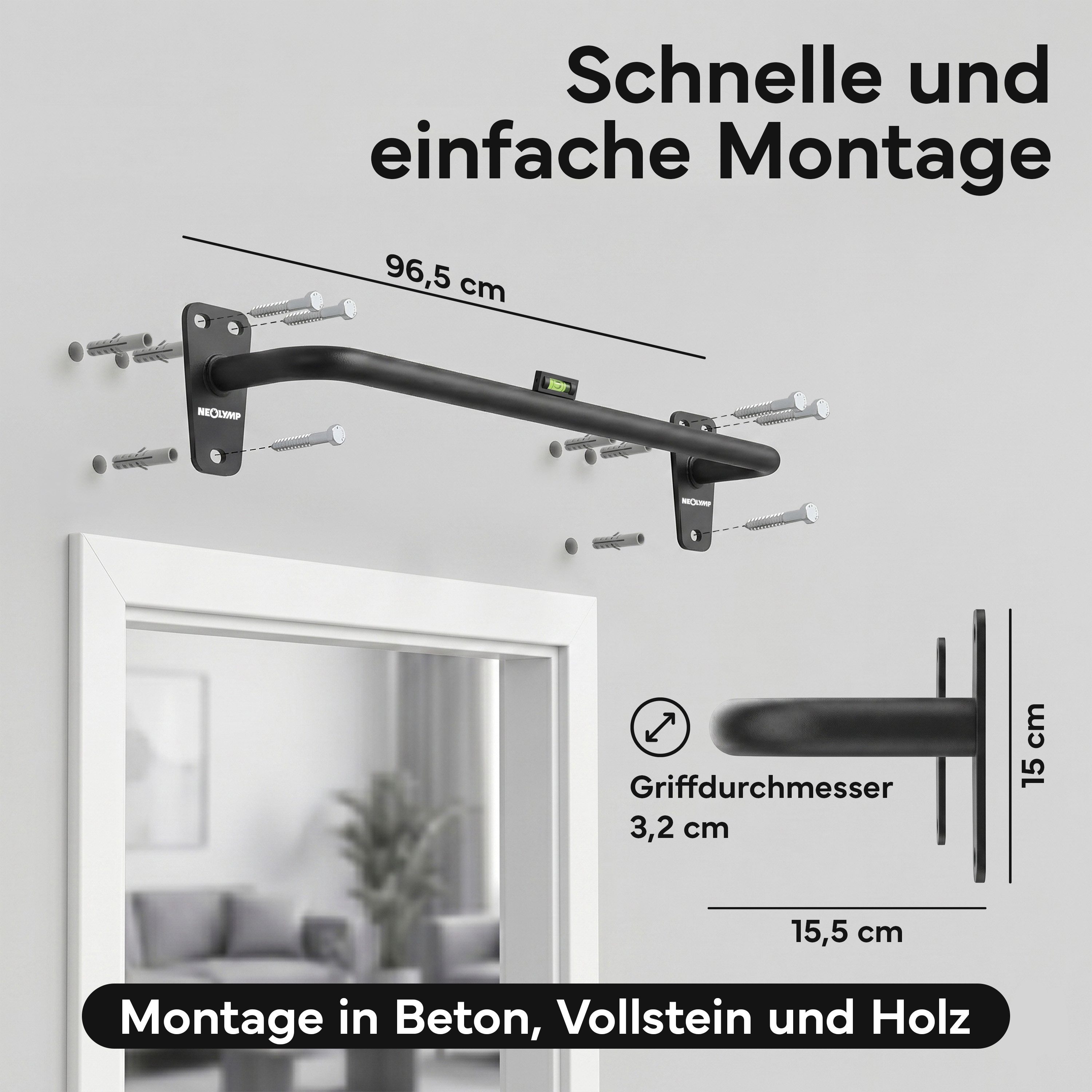 NEOLYMP Klimmzugstange Klimmzugstange Wandmontage bis 200 kg – Pull Up Bar Stahl, Bis 200 kg belastbar und aus Massive Stahlkonstruktion
