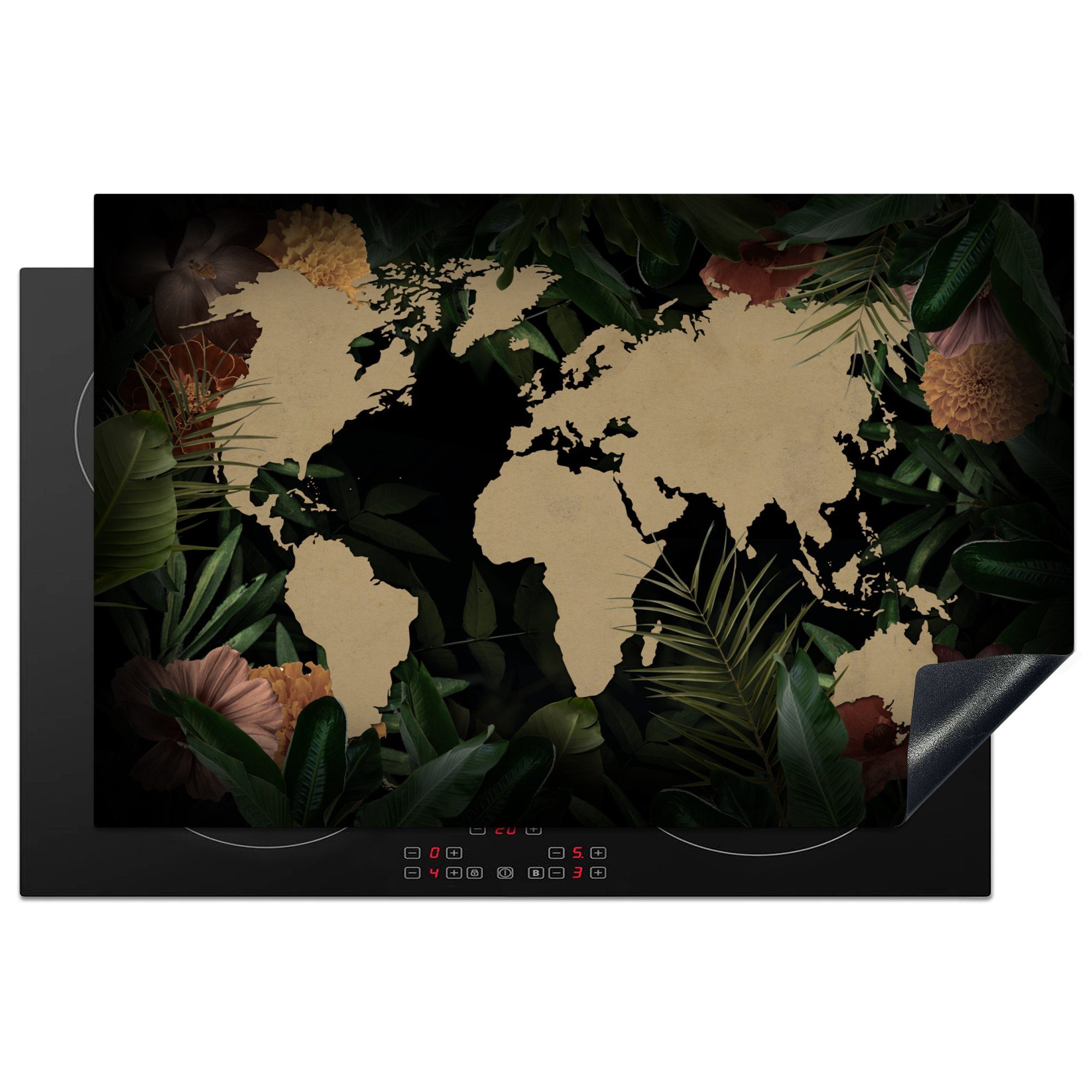 MuchoWow Herdblende-/Abdeckplatte Weltkarte - Pflanzen - Blumen, Vinyl, (1 tlg), 81x52 cm, Induktionskochfeld Schutz für die küche, Ceranfeldabdeckung