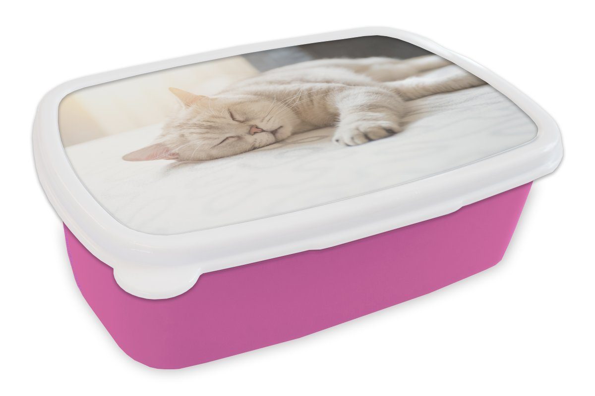 MuchoWow Lunchbox Katze schläft auf dem Bett, Kunststoff, (2-tlg), Brotbox für Erwachsene, Brotdose Kinder, Snackbox, Mädchen, Kunststoff rosa