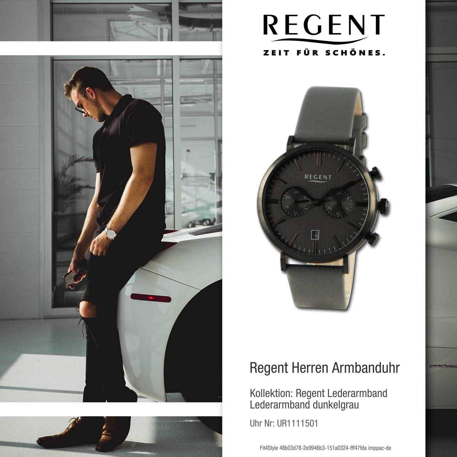 Gehäuse, Armbanduhr Lederarmband rundes Analog, dunkelgrau, Herren (ca. Herrenuhr groß 41mm) Quarzuhr Regent Regent