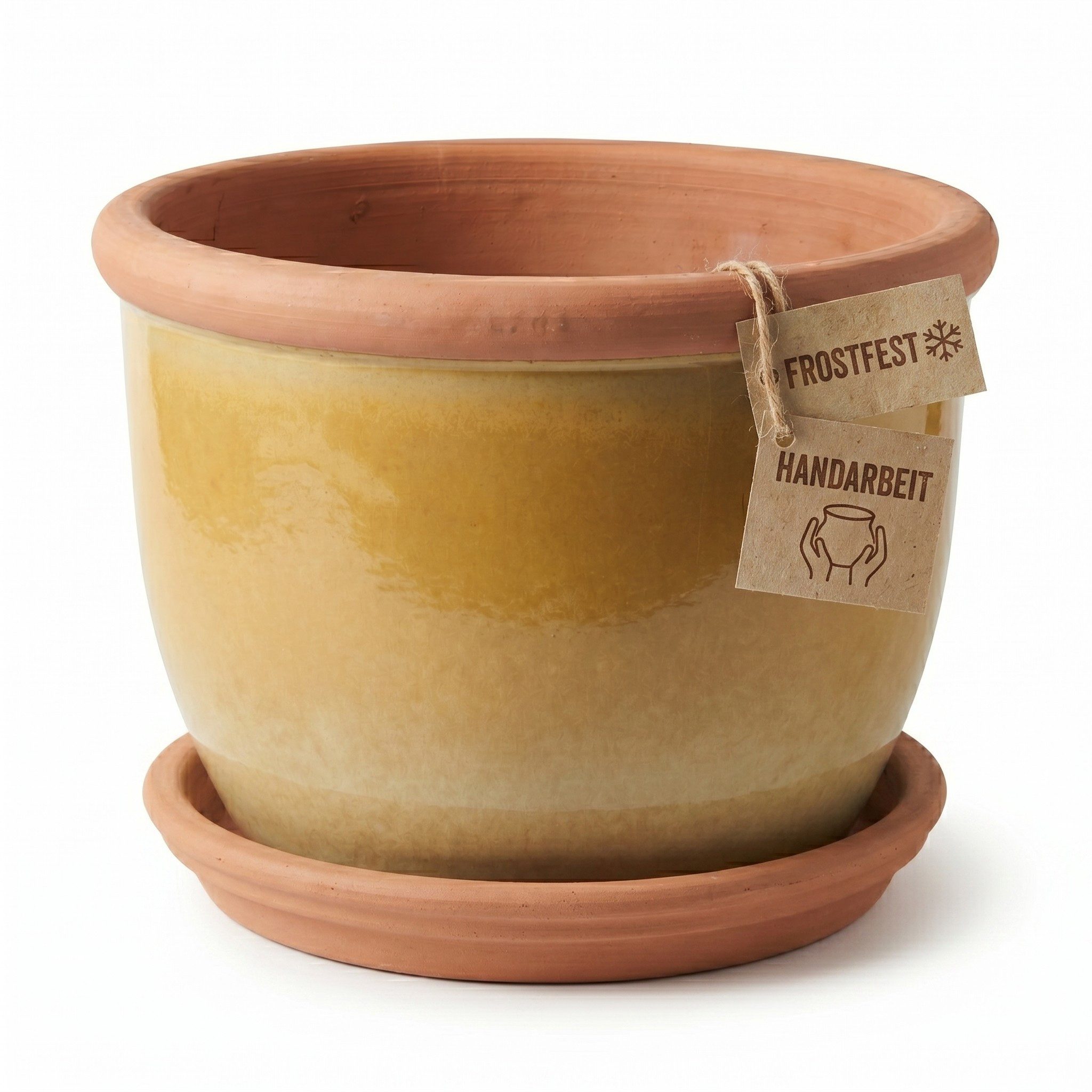 Teramico Blumentopf Keramik-Pflanztopf Farmer Gelb-Creme mit Terrakotta-Teller (1 St), Frostfest, UV-Fest