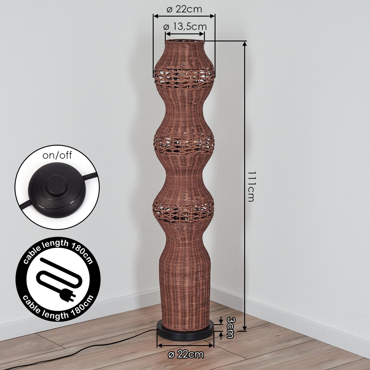 hofstein Stehlampe Stehlampe mit Schirm aus Rattan im skandinavischen Design, ohne Leuchtmittel, moderne Stehleuchte im Boho-Style mit Lichteffekt, E27, Höhe 11 – Bild 4 von 5
