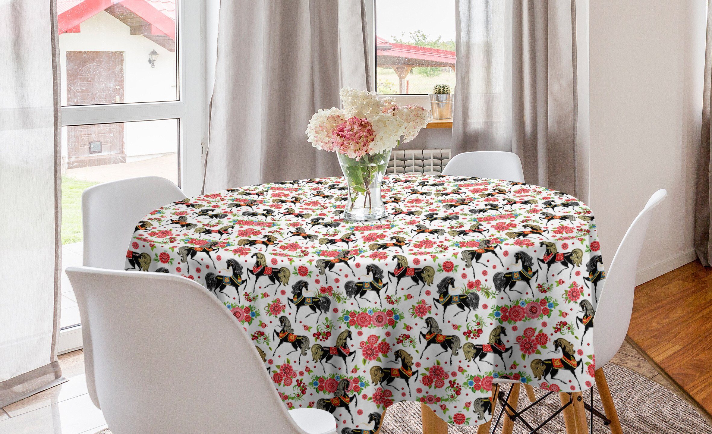 Abakuhaus Tischdecke Kreis Tischdecke Abdeckung für Esszimmer Küche Dekoration, Pferde Abstract Floral Stallion