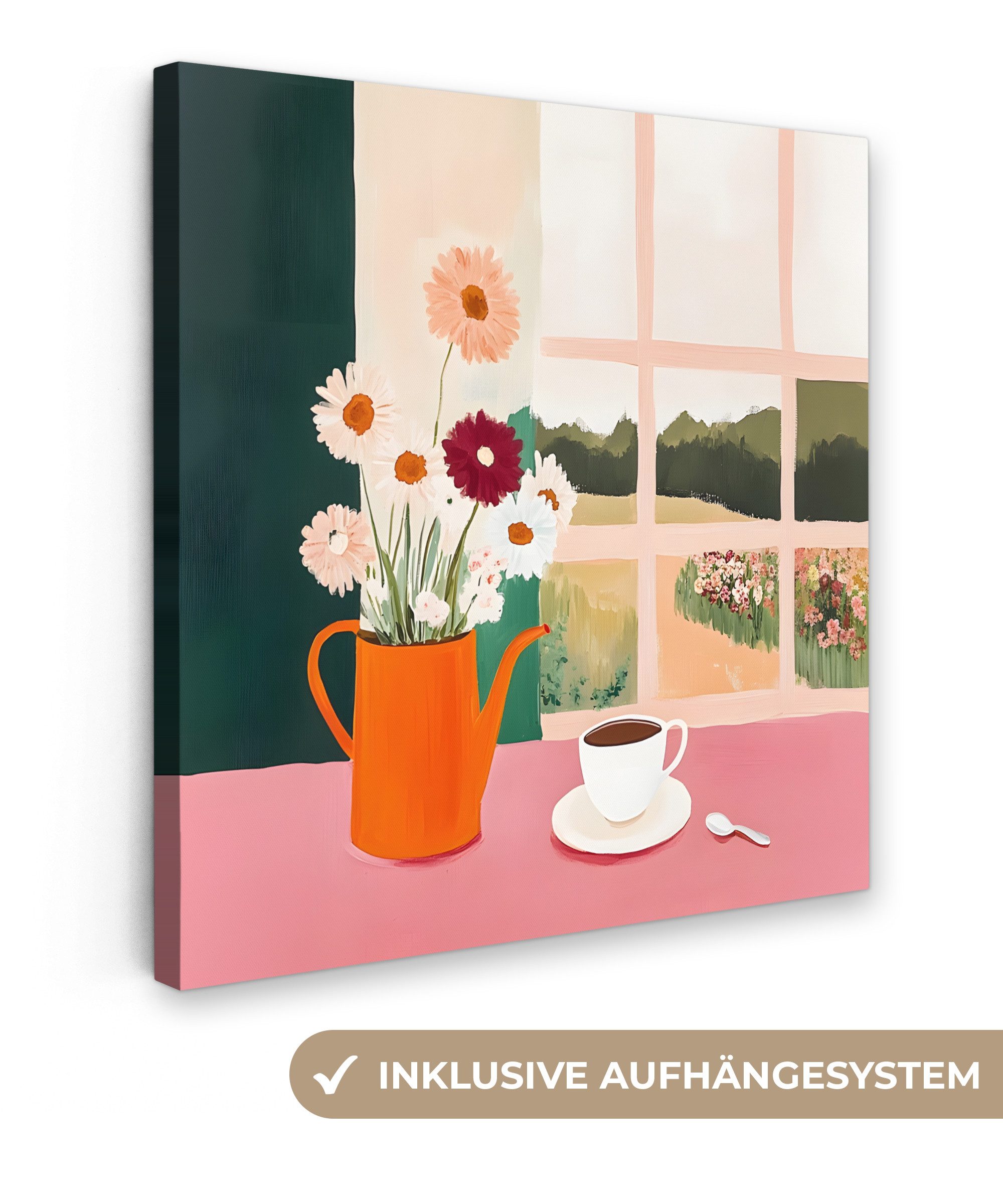 Leinwandbild Blumen - Kaffee - Fenster