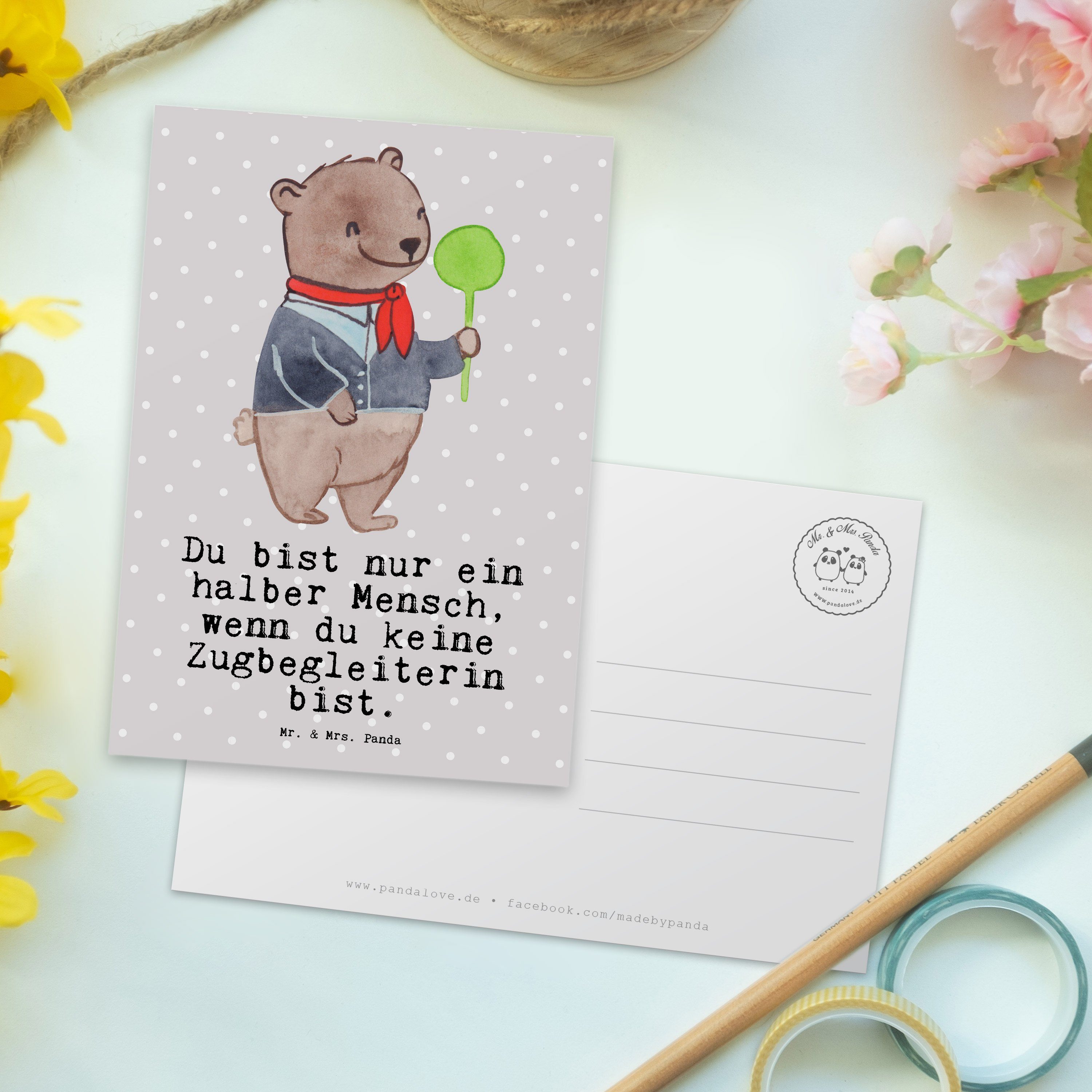 Pastell mit - Mrs. Panda Geschenkkarte, Geschenk, Zugbegleiterin Fir Herz & - Grau Postkarte Mr.