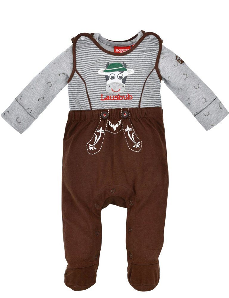Jungen Baby Trachtenmode Overall - Braun "Lausbub" Strampler 2-tlg. Kuh-Motiv Grau 91462, mit BONDI Baumwolle