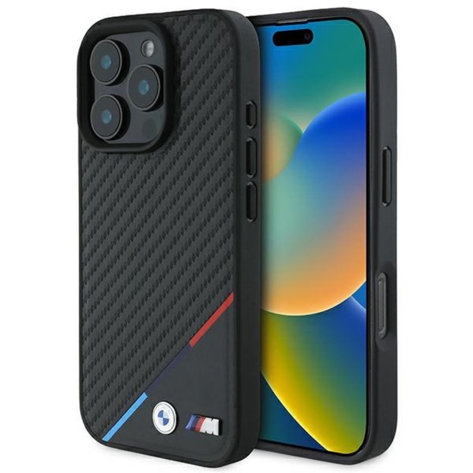 BMW Handyhülle iPhone 16 Pro Max Tricolor Carbon-Optik schwarz MagSafe 6,9 Zoll, Kantenschutz