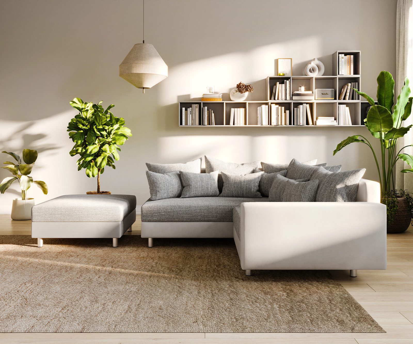 DELIFE Ecksofa Clovis, Weiss Hellgrau Hocker günstig online kaufen