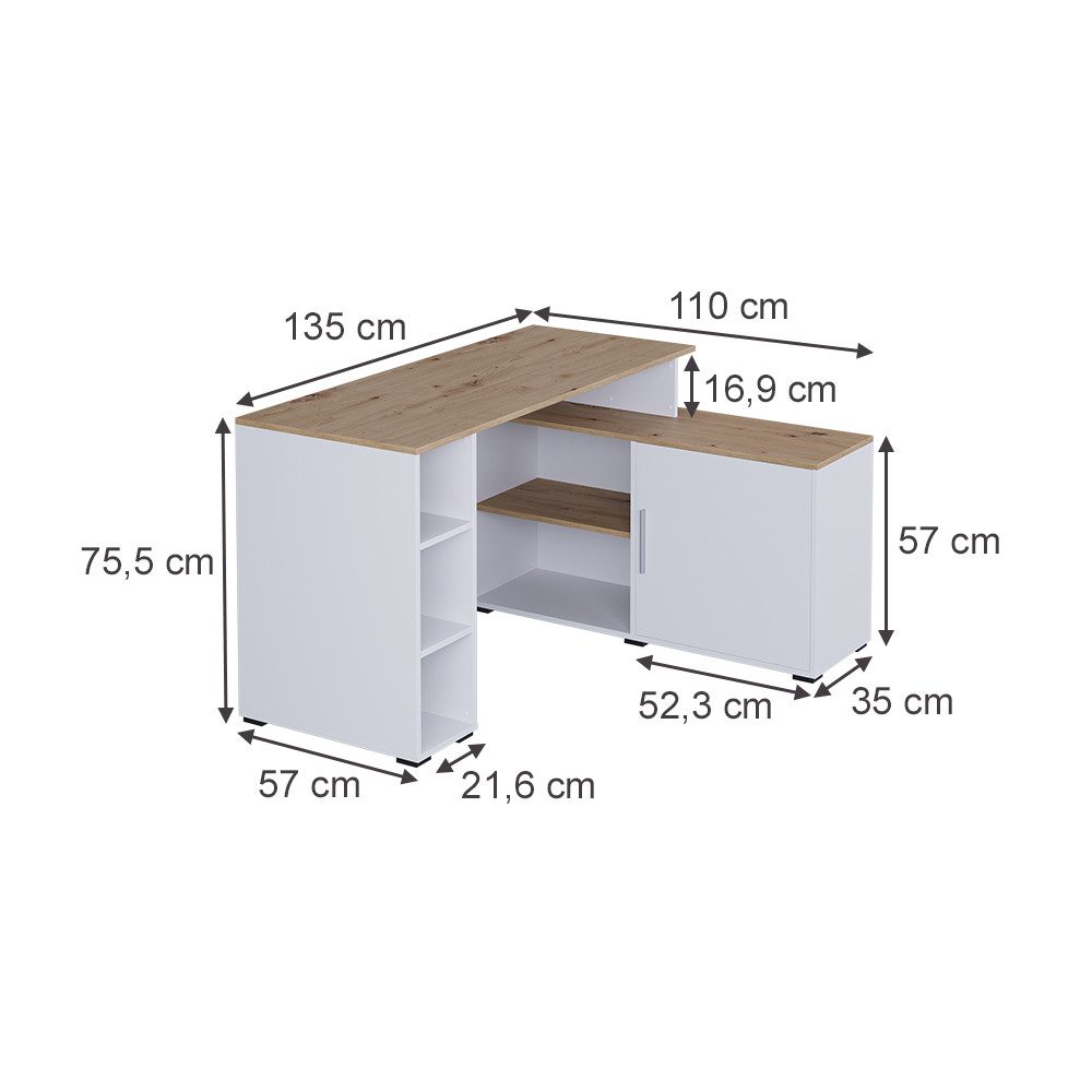 Vicco Eckschreibtisch Rudy, Weiß/Artisan, 135 x 110 cm mit Regalen günstig online kaufen