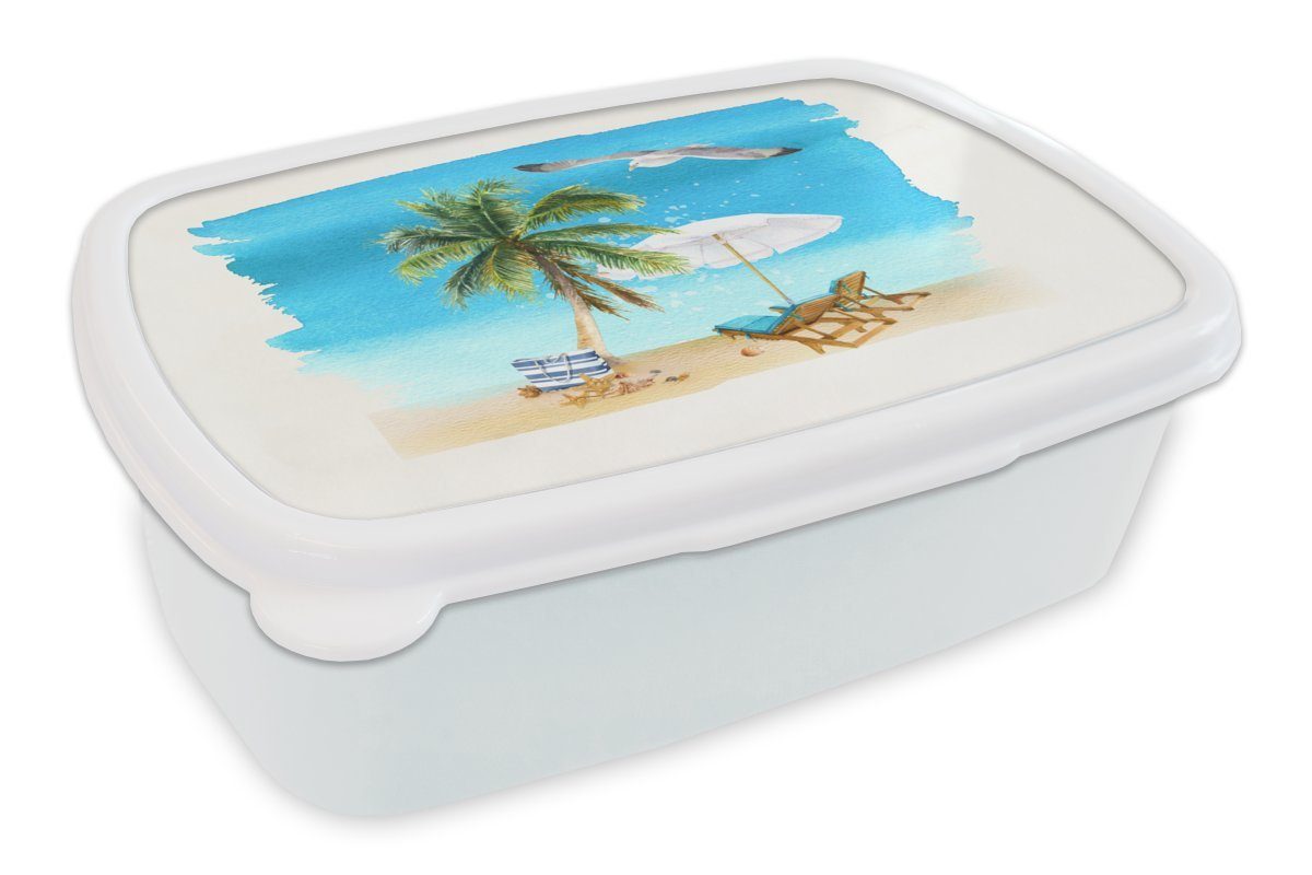 MuchoWow Lunchbox Strandkorb - Sonnenschirm - Palmen - Strand, Kunststoff, (2-tlg), Brotbox für Kinder und Erwachsene, Brotdose, für Jungs und Mädchen weiß | Lunchboxen