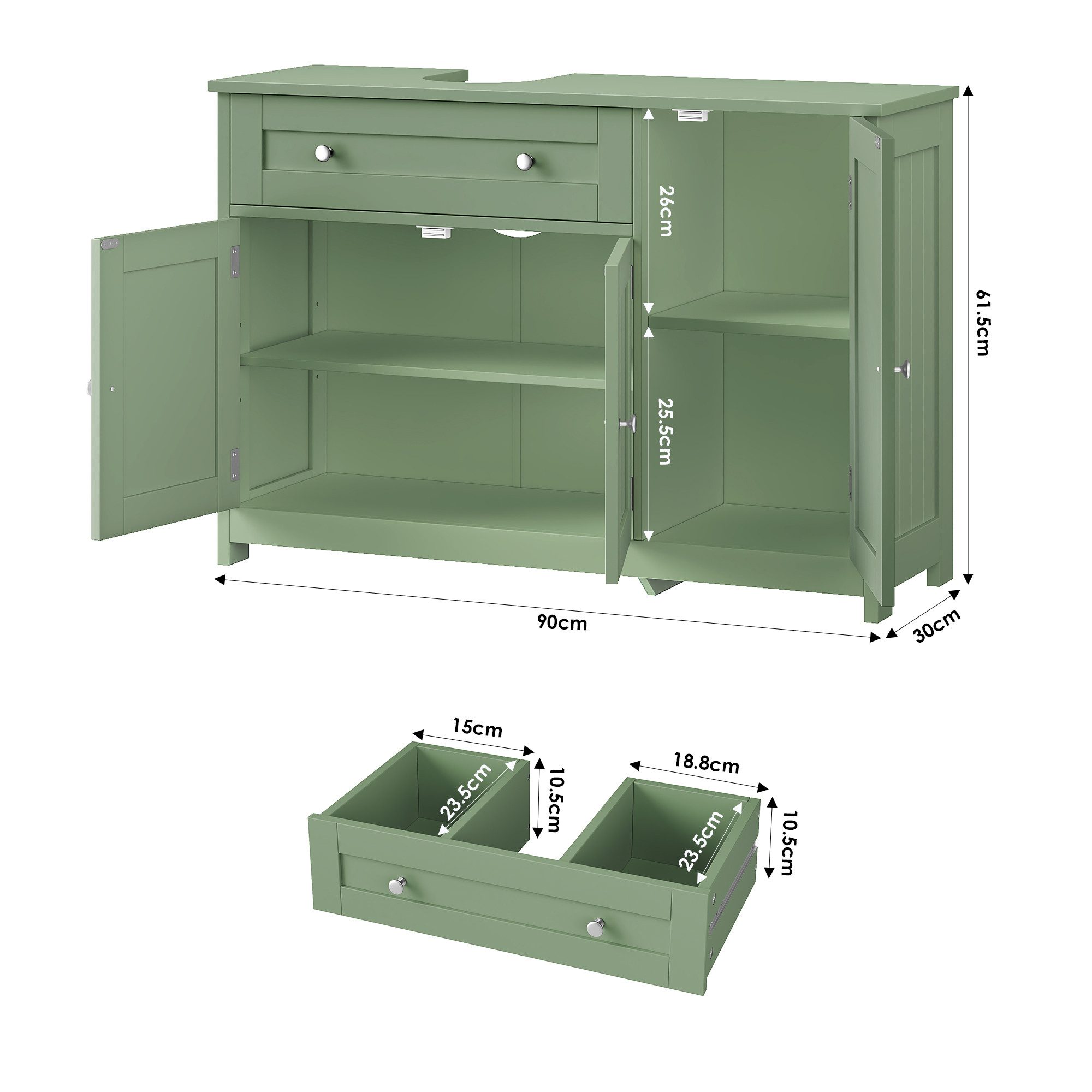 Homfa Waschbeckenunterschrank Unterschrank Badezimmerschrank mit 1 Schublade und 3 Türen, Breite 90 cm, freistehend