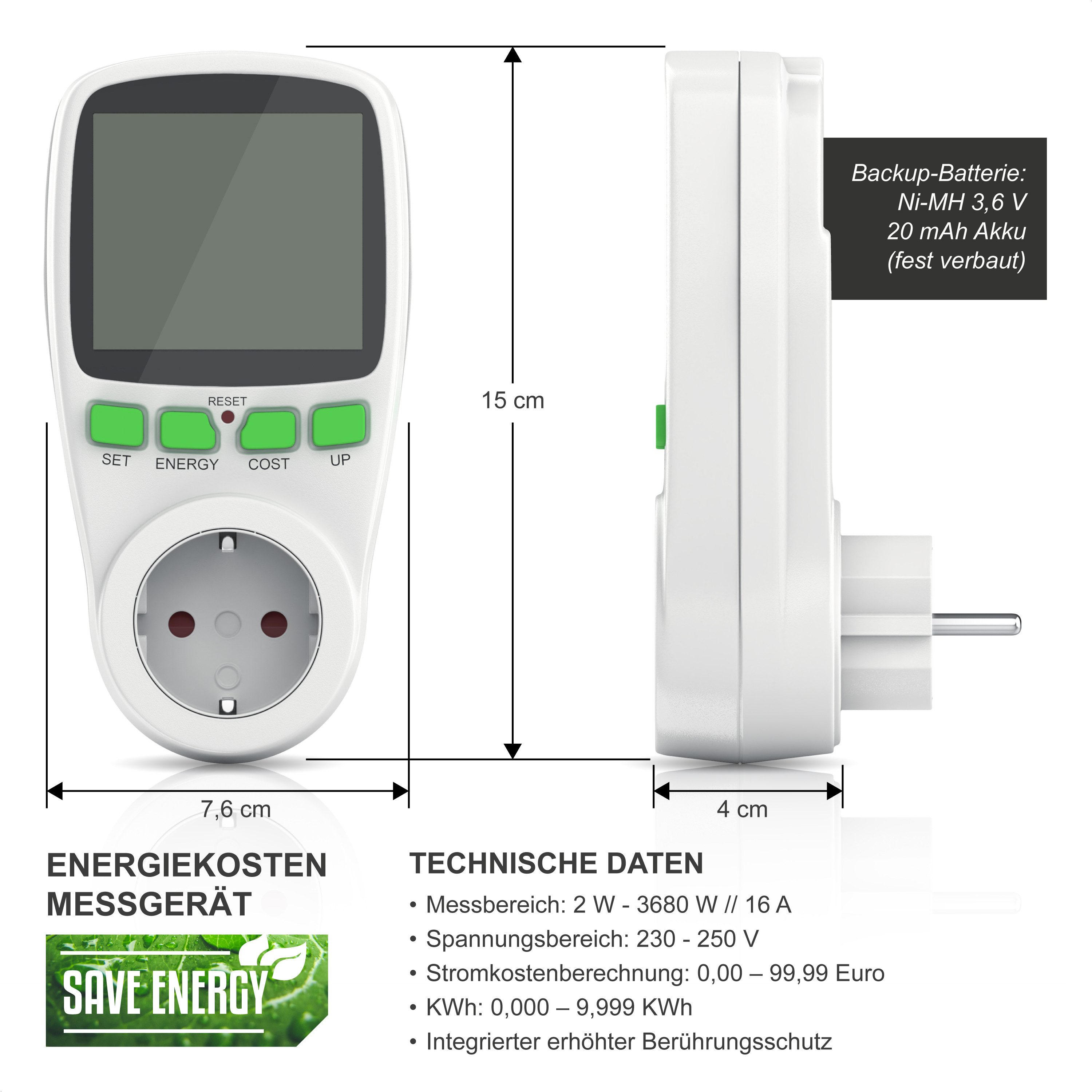 Arendo Energiekostenmessgerät 2er Set Strommessgerät für die Steckdose, bis 3680 W, 2-tlg., Stromverbrauchszähler, Energiemessgerät, Energiekosten Anzeige – Bild 2 von 5