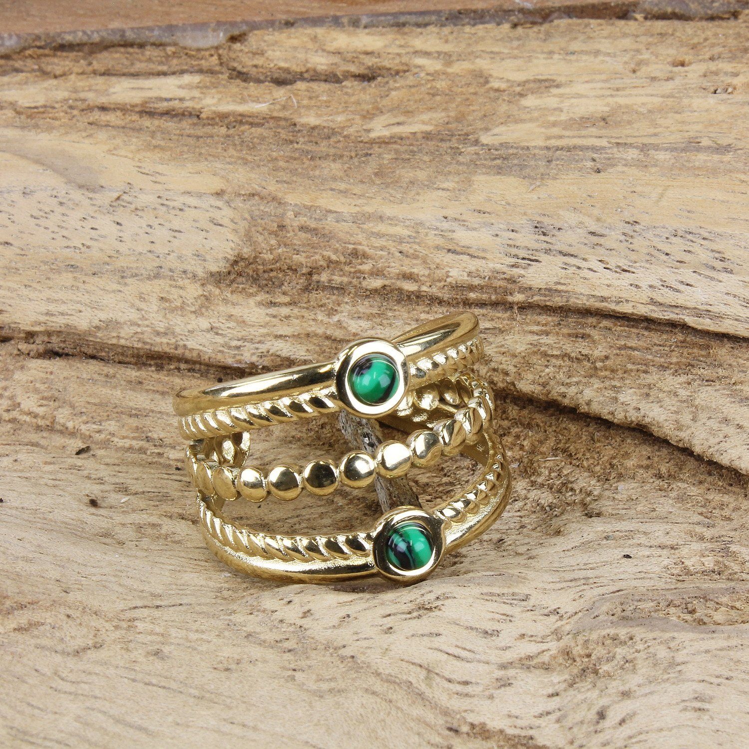KARMA Fingerring Damenring gold Edelstahl mit türkisen Steinen verstellbar (wasserfest antiallergisch, offener Ring), Ring Damen Goldring Damenschmuck