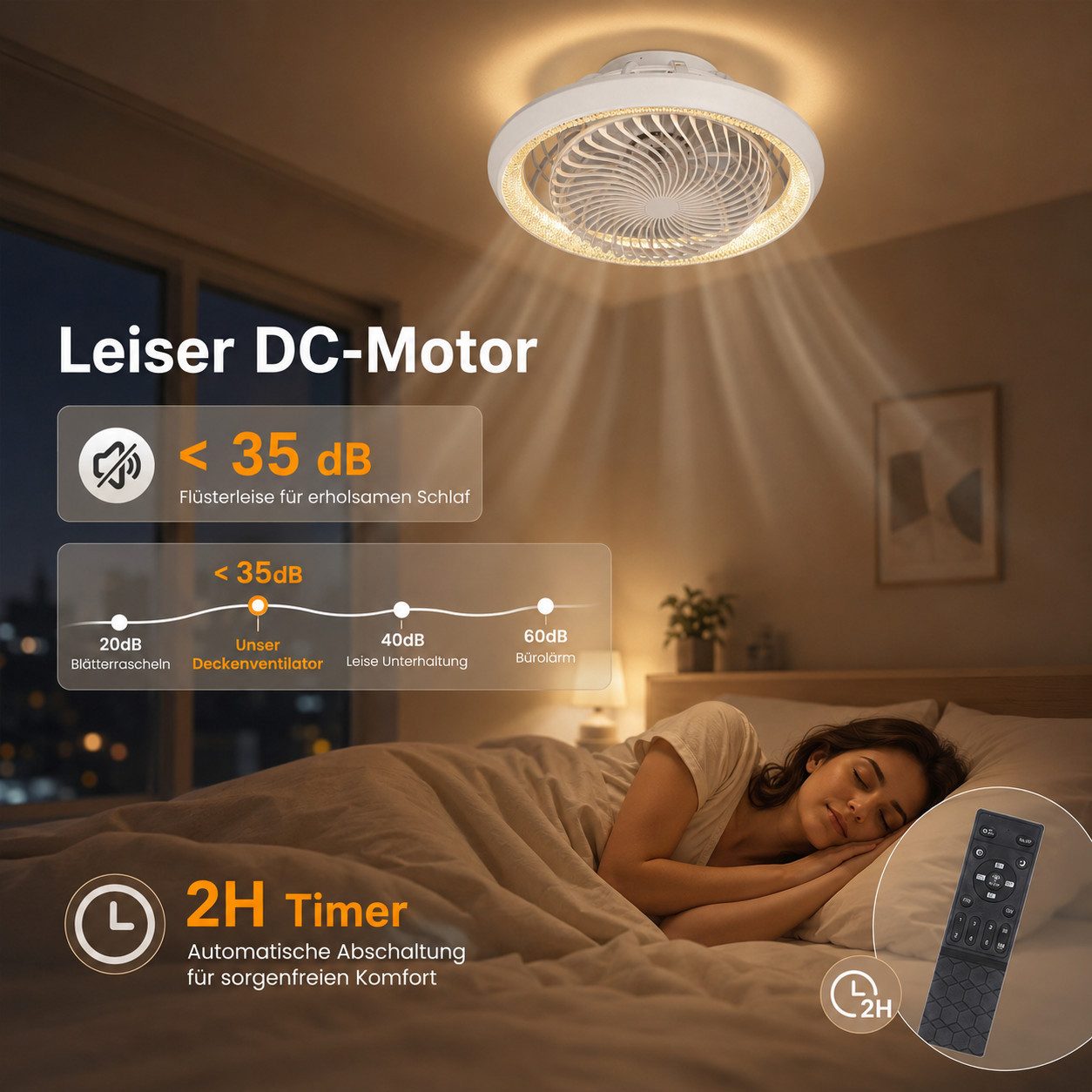 Rosnek Deckenventilator mit Beleuchtung, Moderner Ventilator, 360° drehbar, leise & Dimmbar, 6-Gang, Fernbedienung & App, Timer, 49cm, für Wohn- & Schlafzimmer