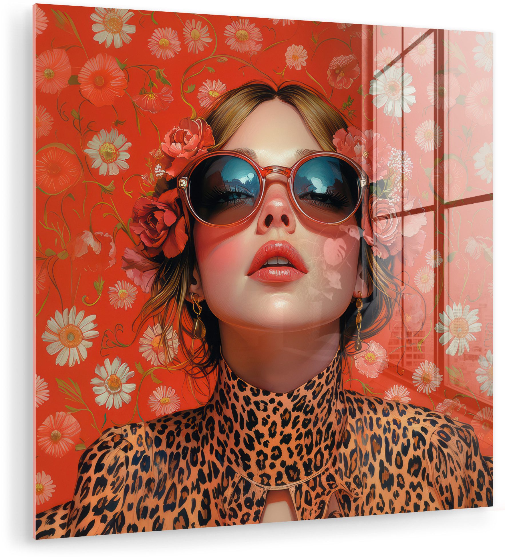 MuchoWow Acrylglasbild Frau - Bunt - Tiermuster - Blumen, Inkl. Aufhängung, Bilder auf Glas Wandbild, Wanddeko Wohnzimmer Badezimmer, 20x20 cm
