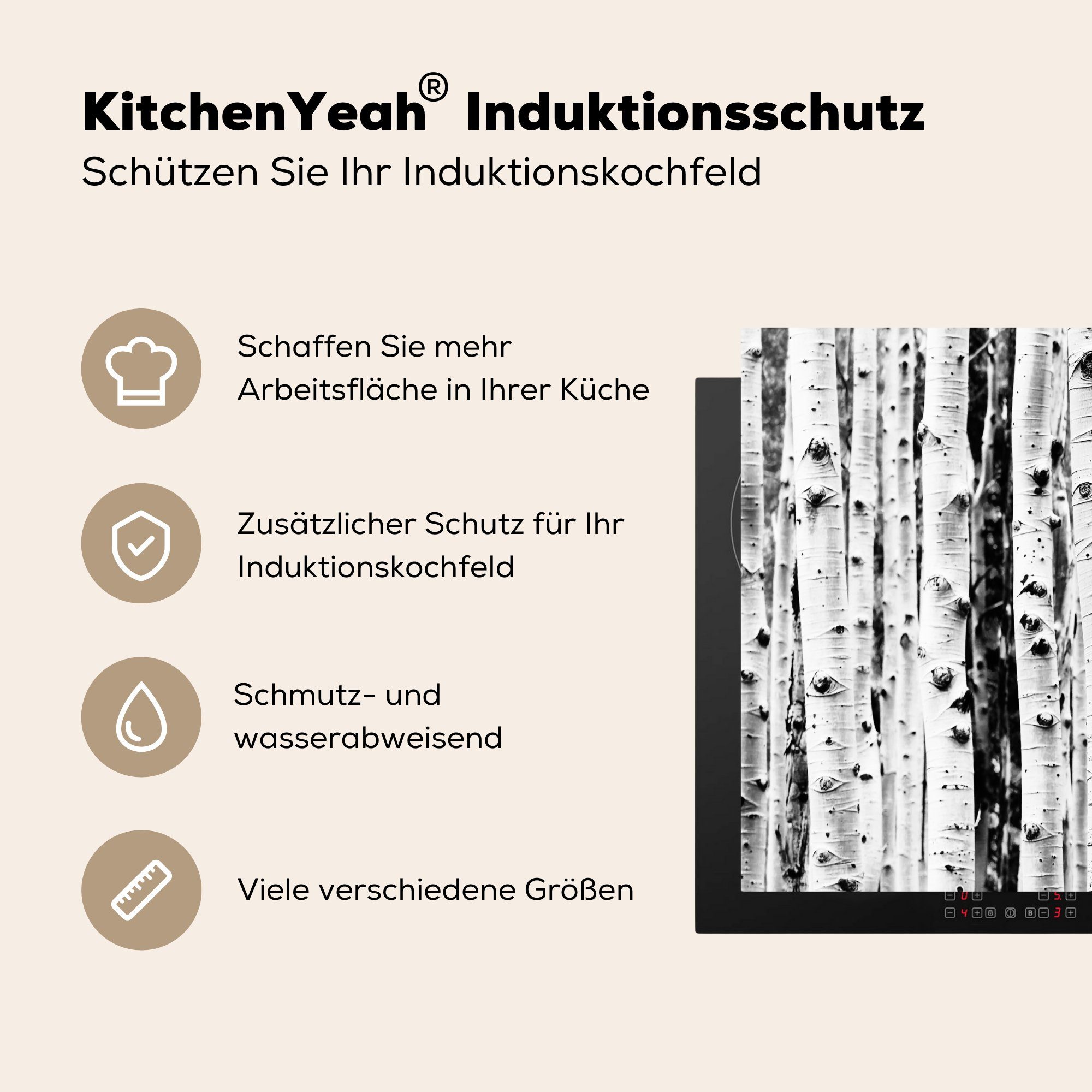 MuchoWow Herdblende-/Abdeckplatte Bäume cm, tlg), weiß (1 und nutzbar, - Mobile - Arbeitsfläche Holz Ceranfeldabdeckung 60x52 Schwarz - Natur, Vinyl