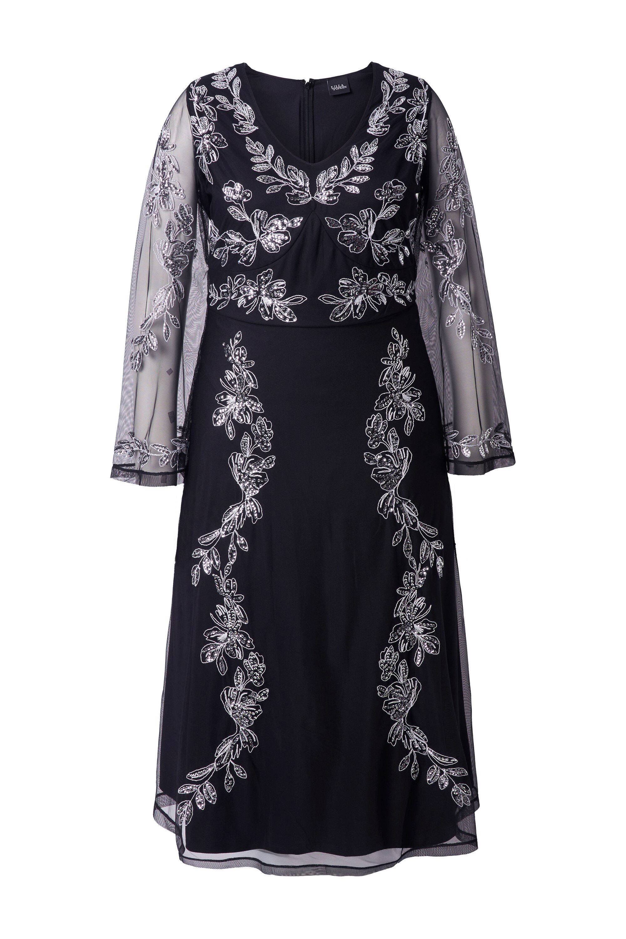 Ulla Popken Maxikleid Abendkleid Stickerei V-Ausschnitt Langarm günstig online kaufen