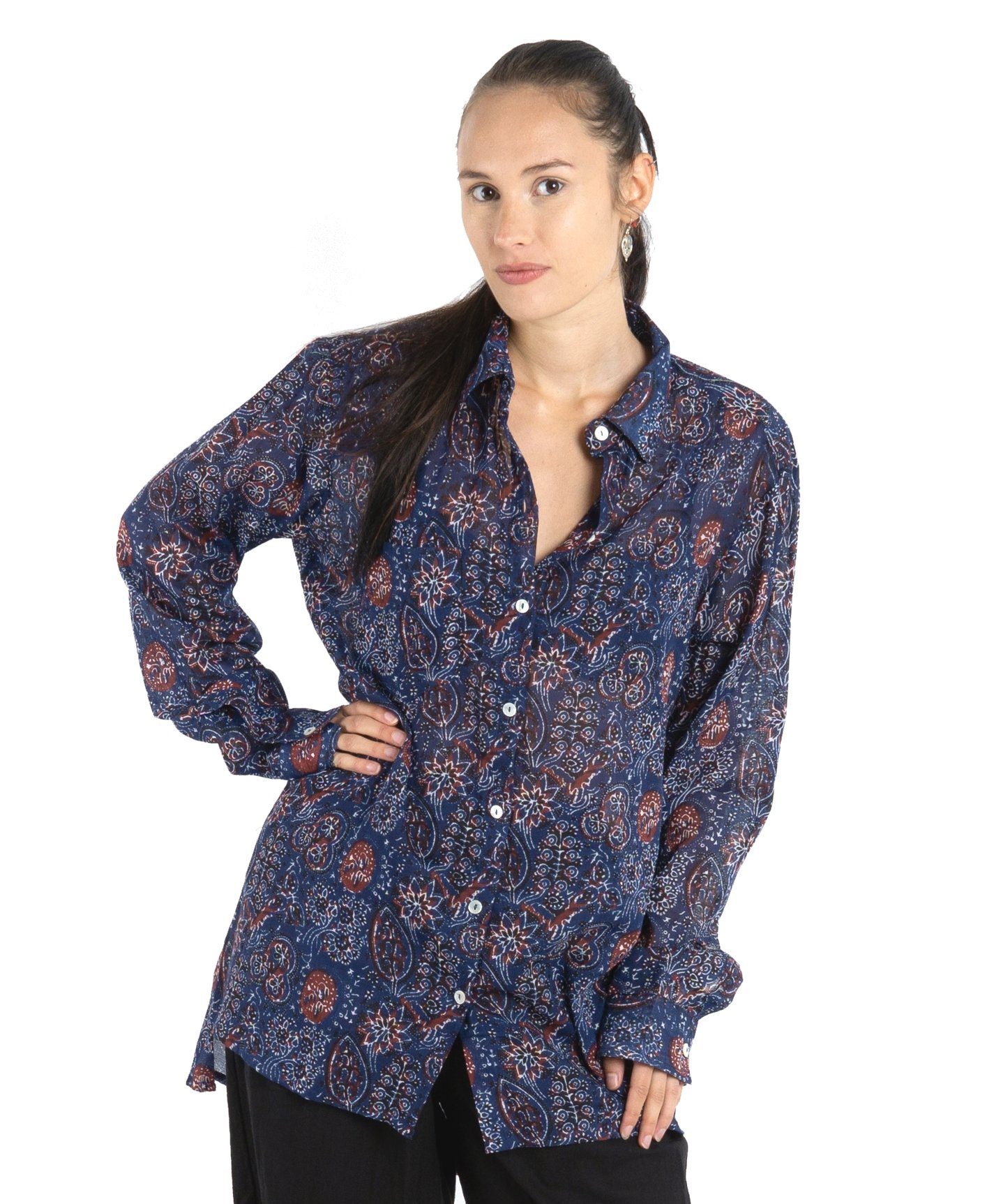Guru-Shop Longbluse Handbedrucktes Boho Langarmhemd, luftiges.. alternative Bekleidung