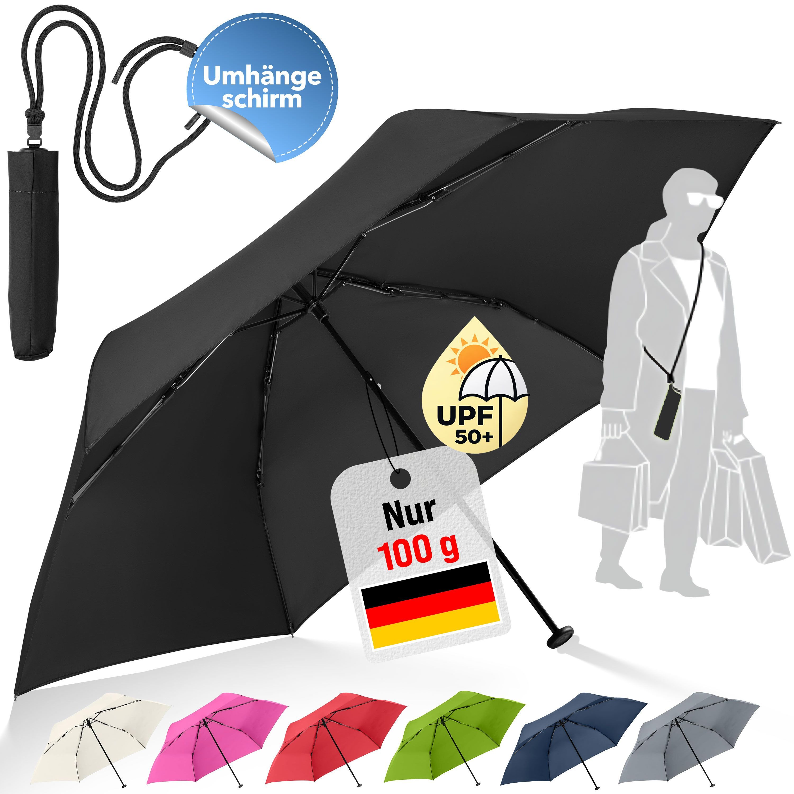 FARE Taschenregenschirm FiligRain ToGo, inkl. Umhängetasche, 100g leicht, UPF 50+, Windproof-PLUS, Sicherheitsschieber, Recyclingbezug, 88 cm
