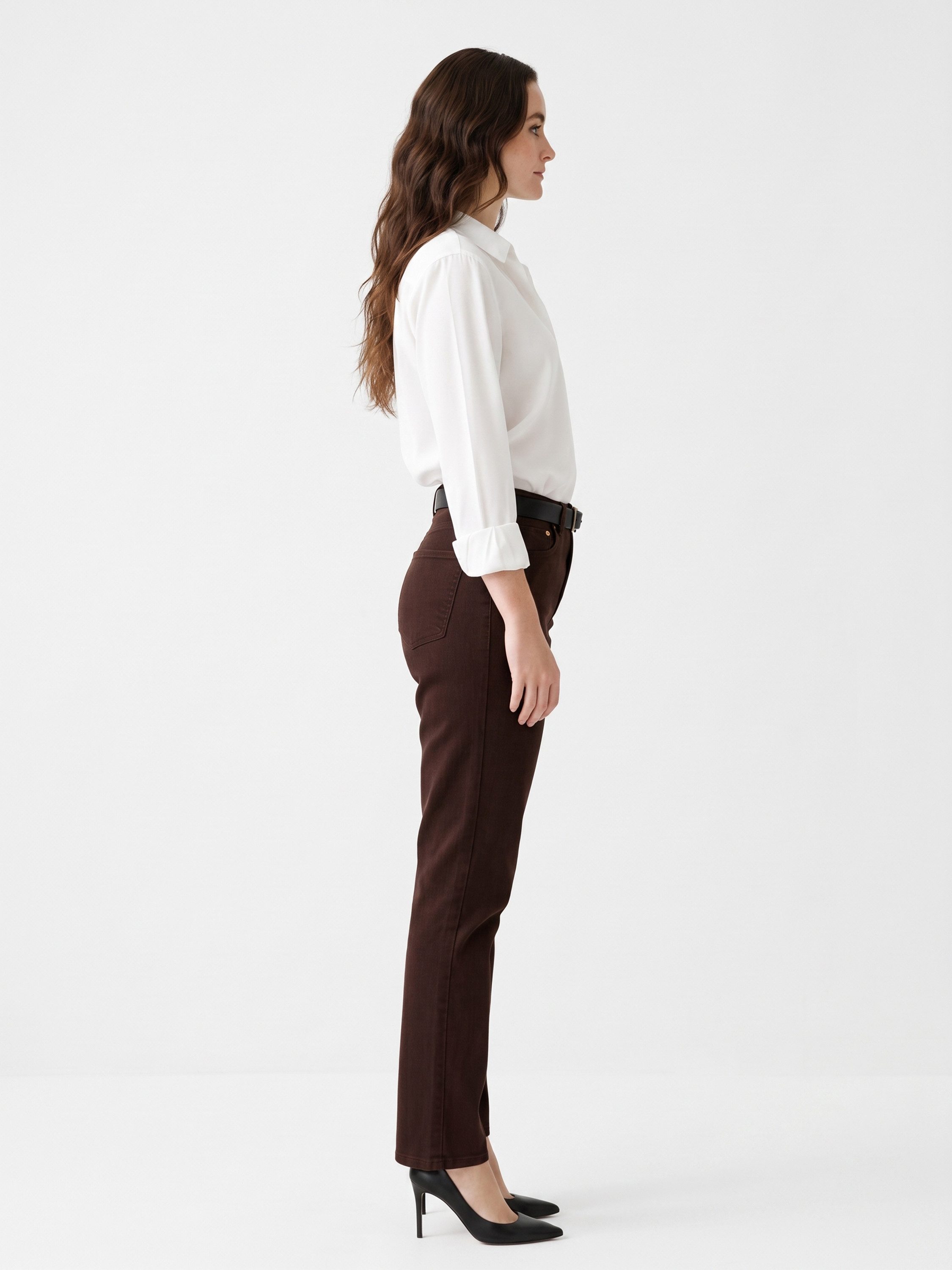 ESRA Stoffhose Stretch Hose Damen Regular Stoff-Hose Damen Elegant Hose elastisch Straight Damen Hose Elegant Business Hose Braun Stoffhose High Waist – Bild 5 von 5