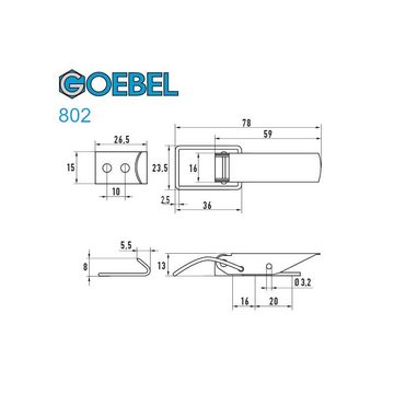 GOEBEL GmbH Kastenriegelschloss 5544580201, (100 x Spannverschluss 802 Kappenschloss selbstschliessend, 100-tlg., Kistenverschluss - Kofferverschluss - Hebel Verschluss), gerader Grundtplatte inkl. Gegenhaken Edelstahl A2(V2A)