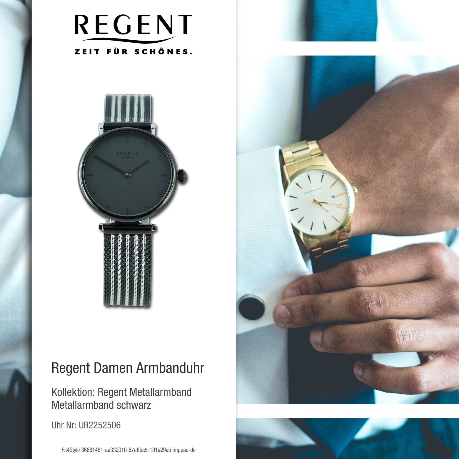 Damen extra Metallarmband Quarzuhr Regent 37mm), Armbanduhr Armbanduhr groß Analog, Damen Regent rund, (ca.