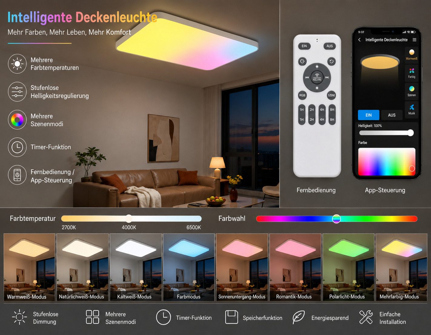 Eurohandisplay LED Deckenleuchte LED Deckenleuchte 698 RGBIC dynamische Himmel- & Naturlichteffekte, LED fest integriert, RGBIC, Neutralweiß, Kaltweiß, Warmweiß – Bild 2 von 5