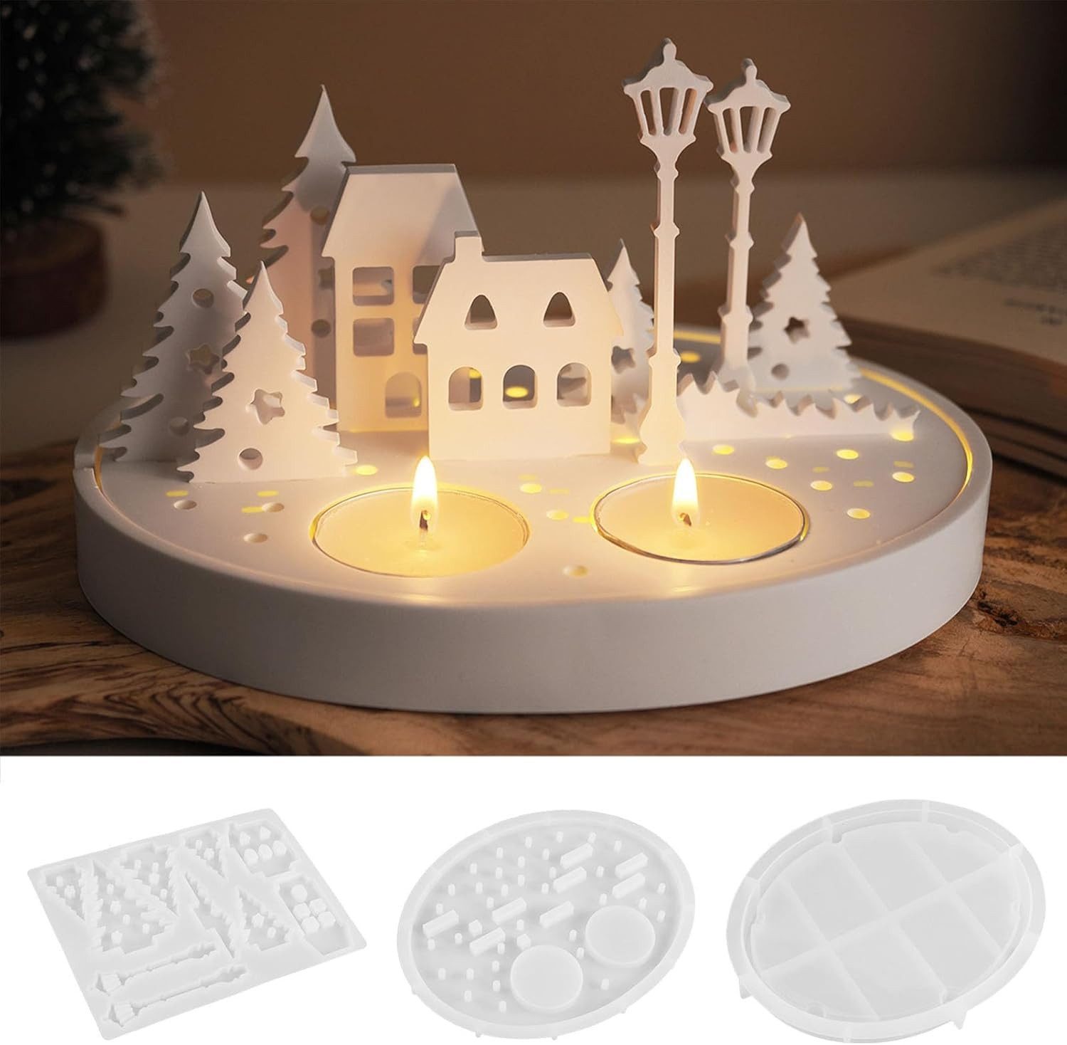 FOUORTUNATE-BEE Silikonform Silicone Moulds Casting Moulds Christmas Houses Pack of 3, (3-tlg), Silicone Mould House for Candle Holders, Tree Casting Moulds