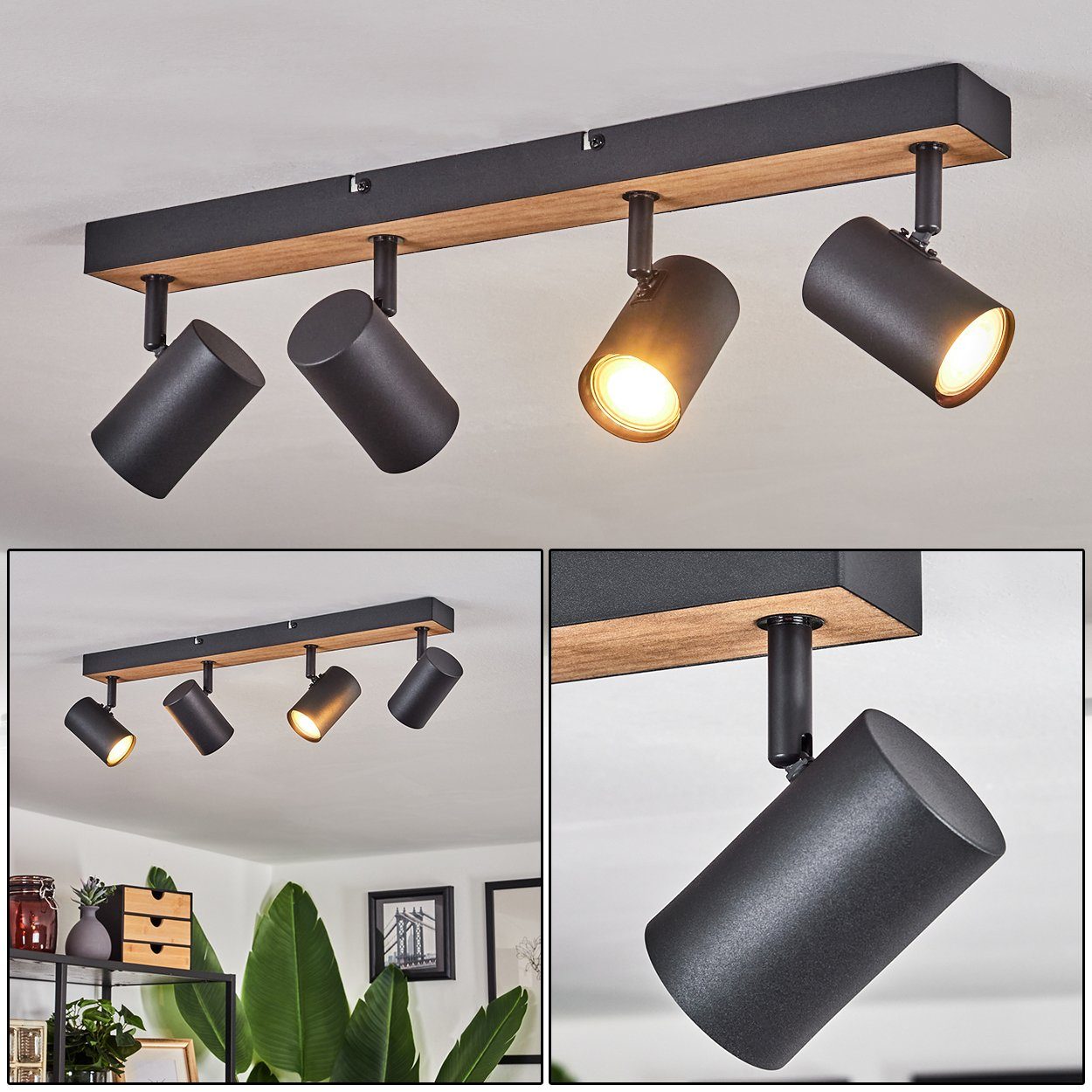 Leuchte Leuchtmittel, Schwarz/Braun/Holzoptik, Deckenlampe aus mit hofstein 25 Strahlern, 4xGU10 »Gambellara« in max. Deckenleuchte Metall/MDF ohne verstellbaren moderne