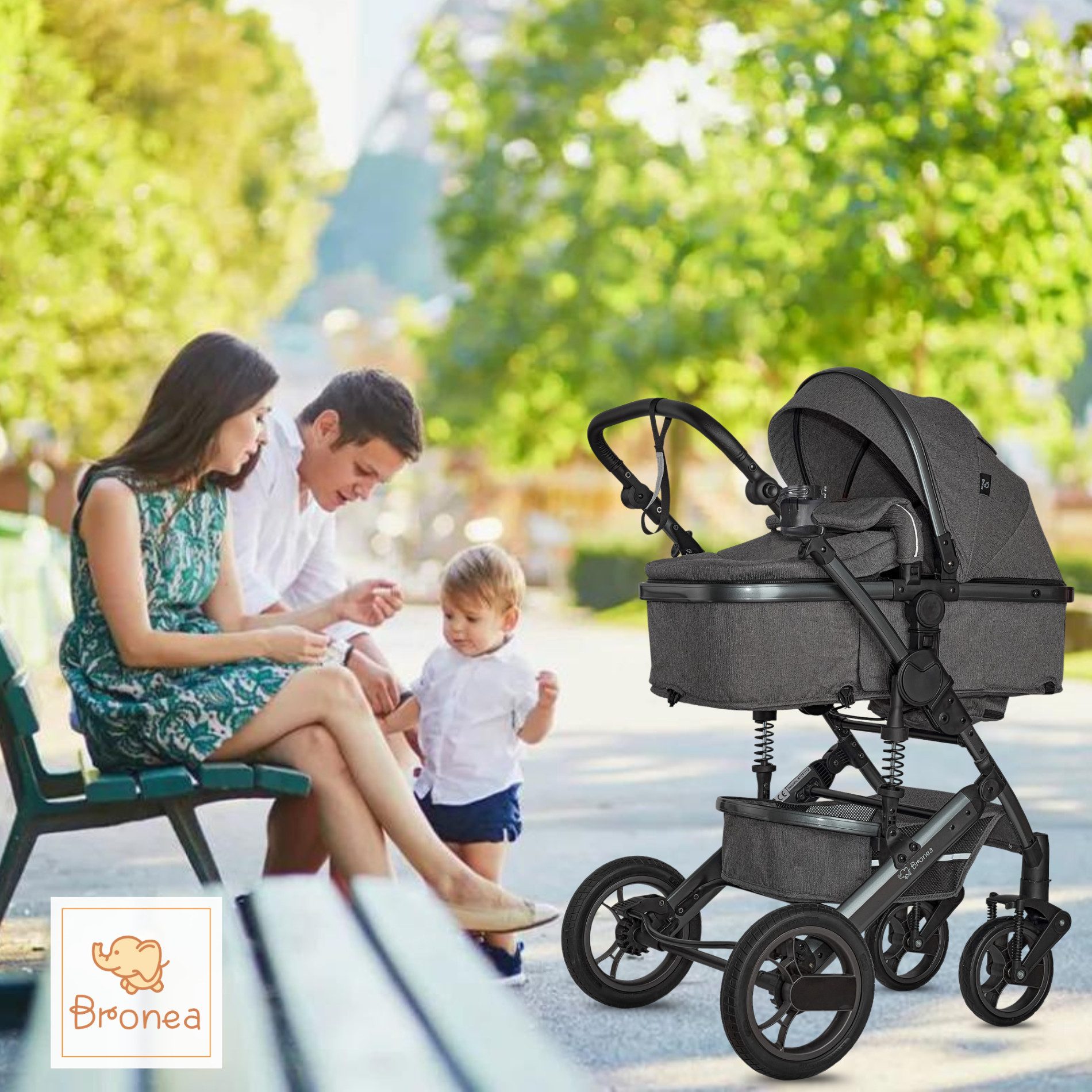 Bronea Kombi-Kinderwagen EXQUISE 2.0 Kinderwagen 3-in-1 GREY/GREY mit BUGGY, AUTO-BABYSCHALE, HOCHWERTIGES MODELL, Wickeltasche, Regen-, Mücken- & Sonnenschutz