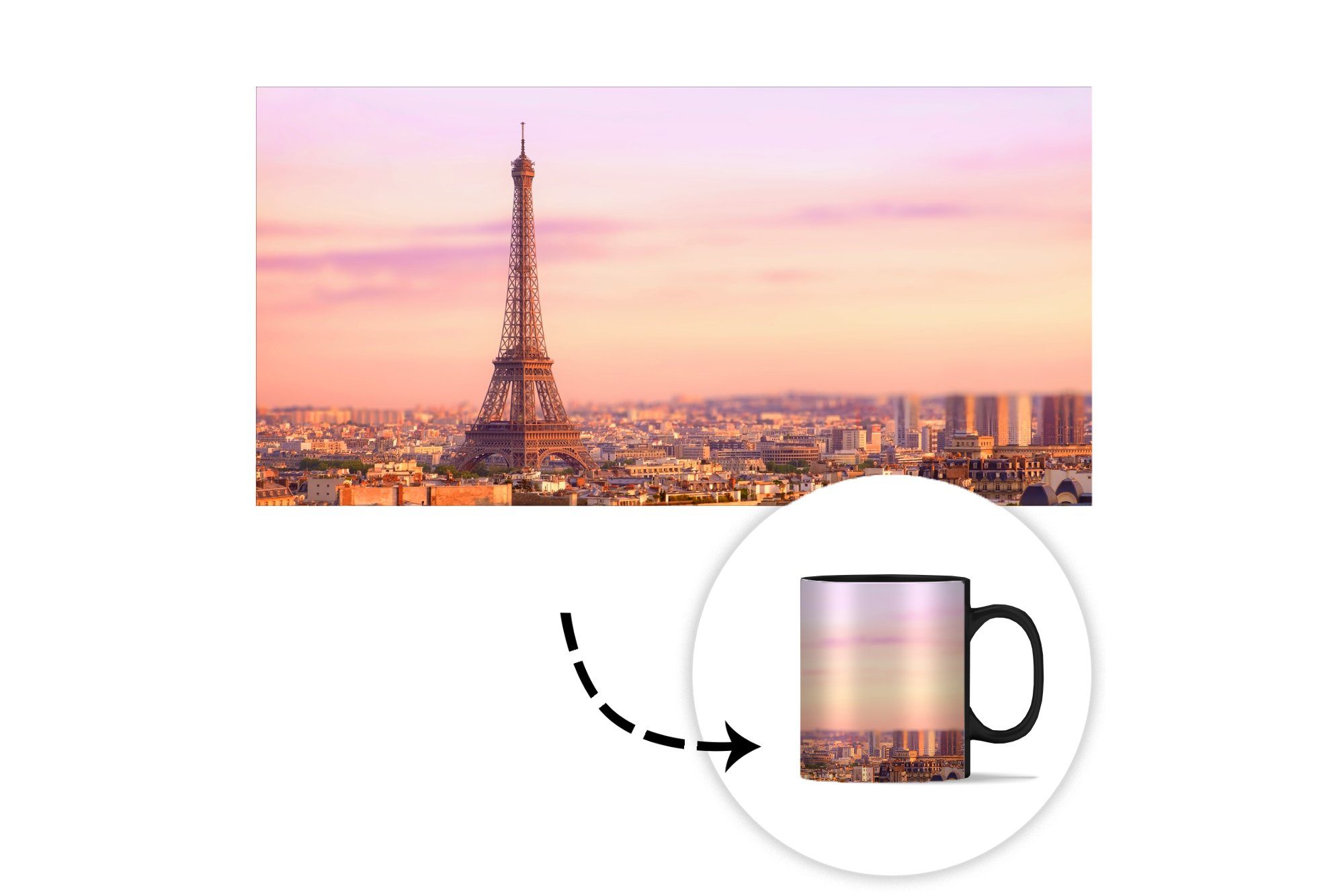 Keramik, Blick Teetasse, Eiffelturm MuchoWow Zaubertasse, Kaffeetassen, Höhepunkt, Geschenk dem mit Farbwechsel, Tasse als über Paris